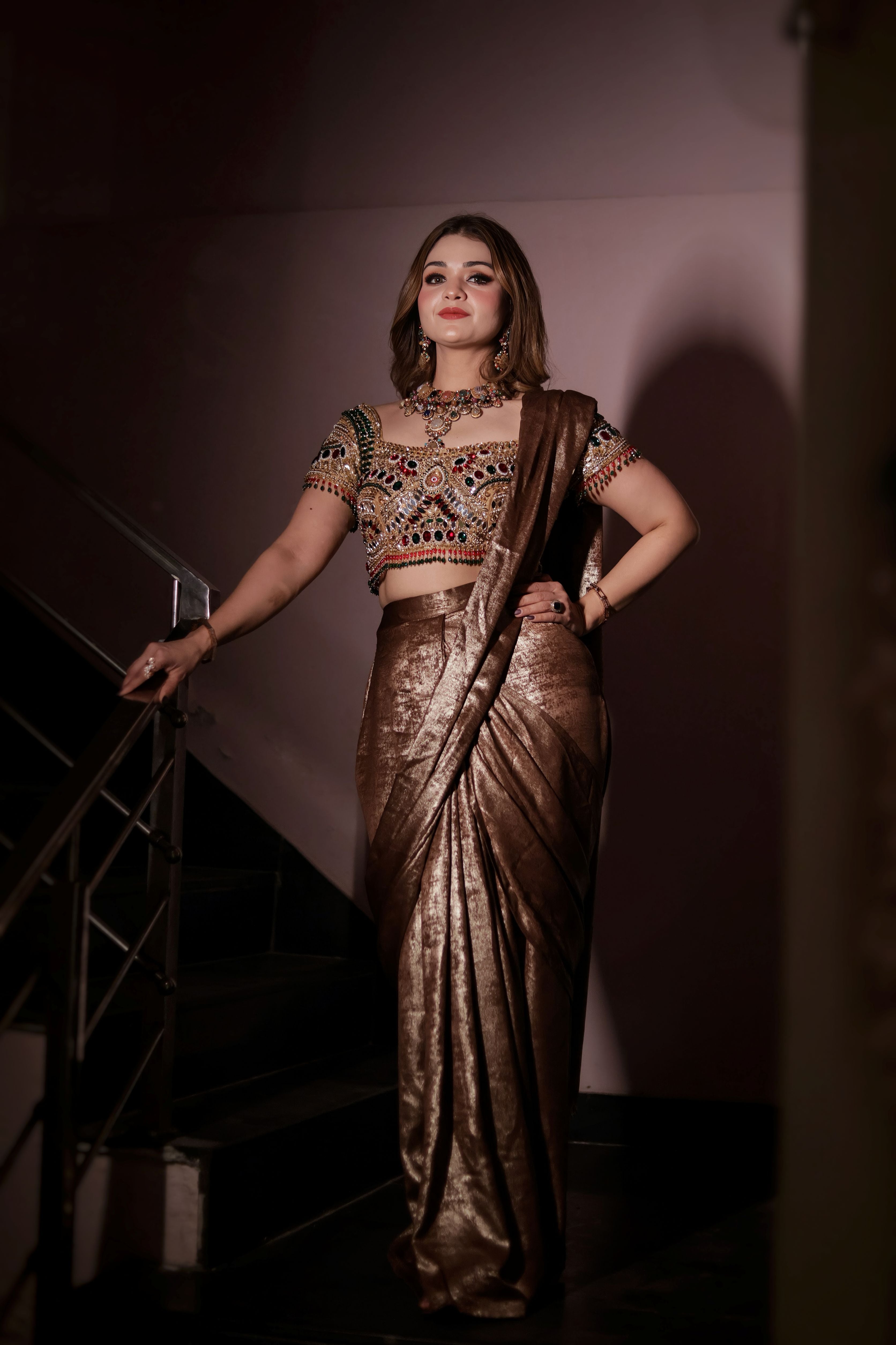 Antique Gold Silk Stone Work Saree Set