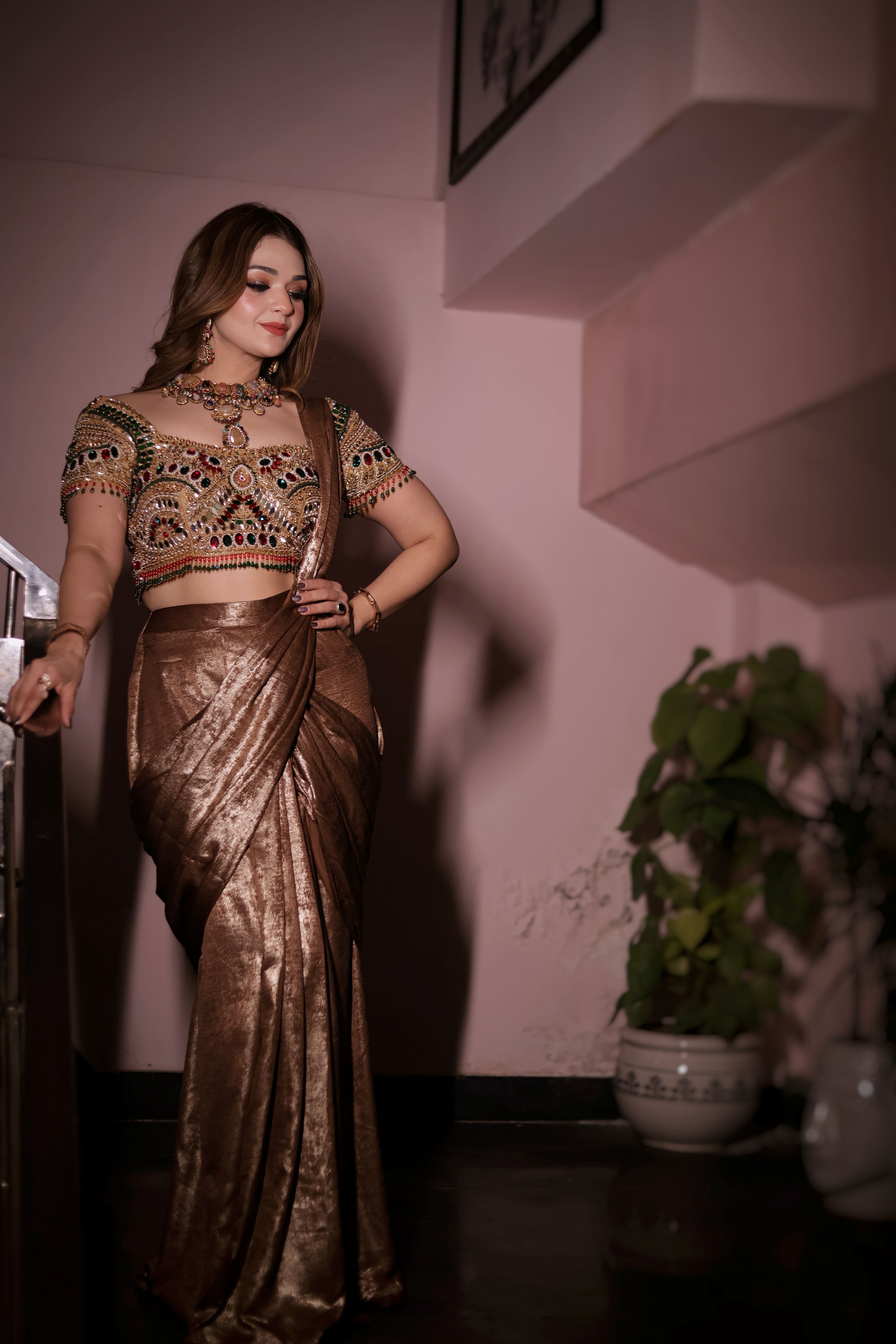 Antique Gold Silk Stone Work Saree Set