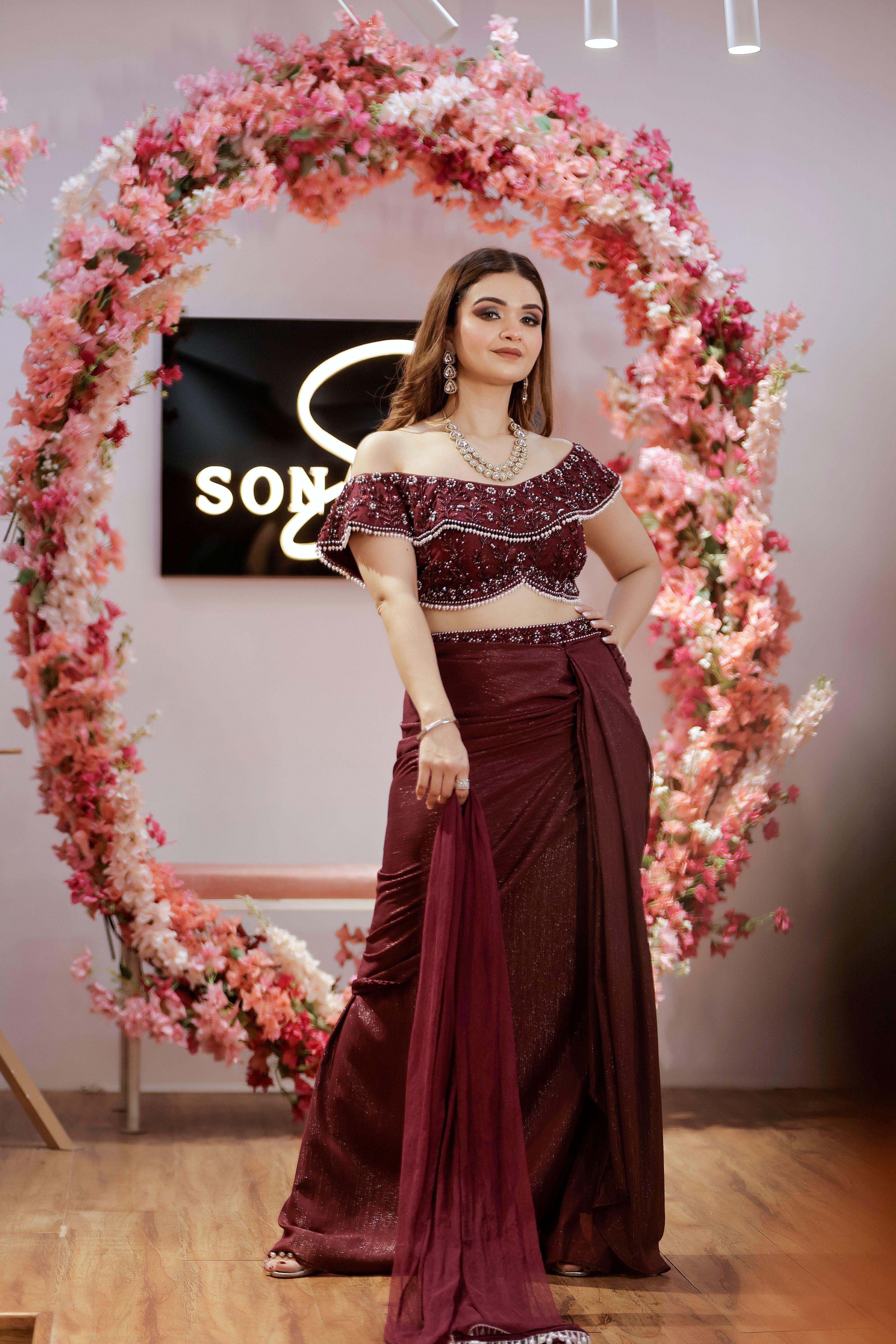 Wine pearl work off shoulder blouse with drape skirt