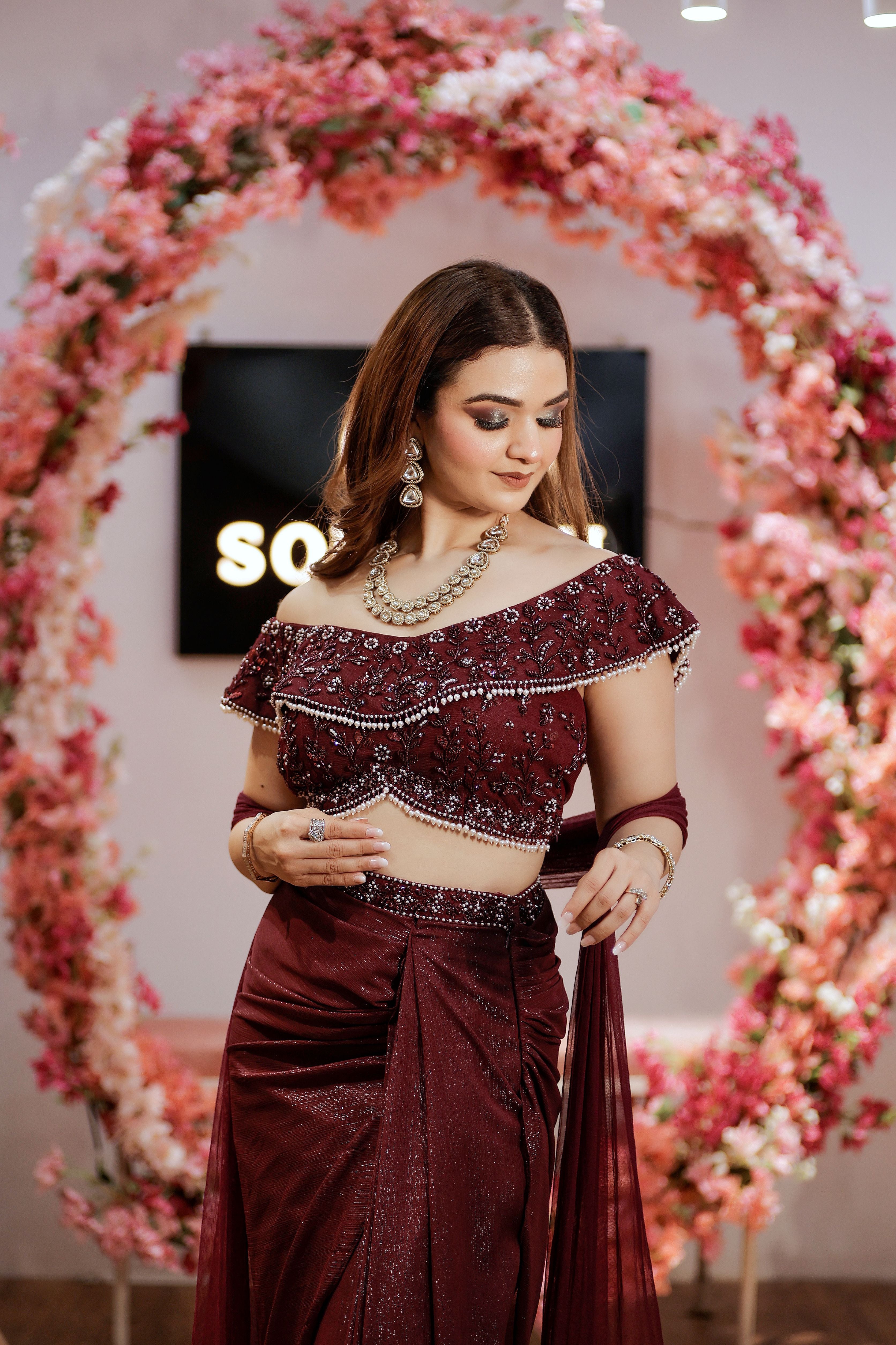 Wine pearl work off shoulder blouse with drape skirt