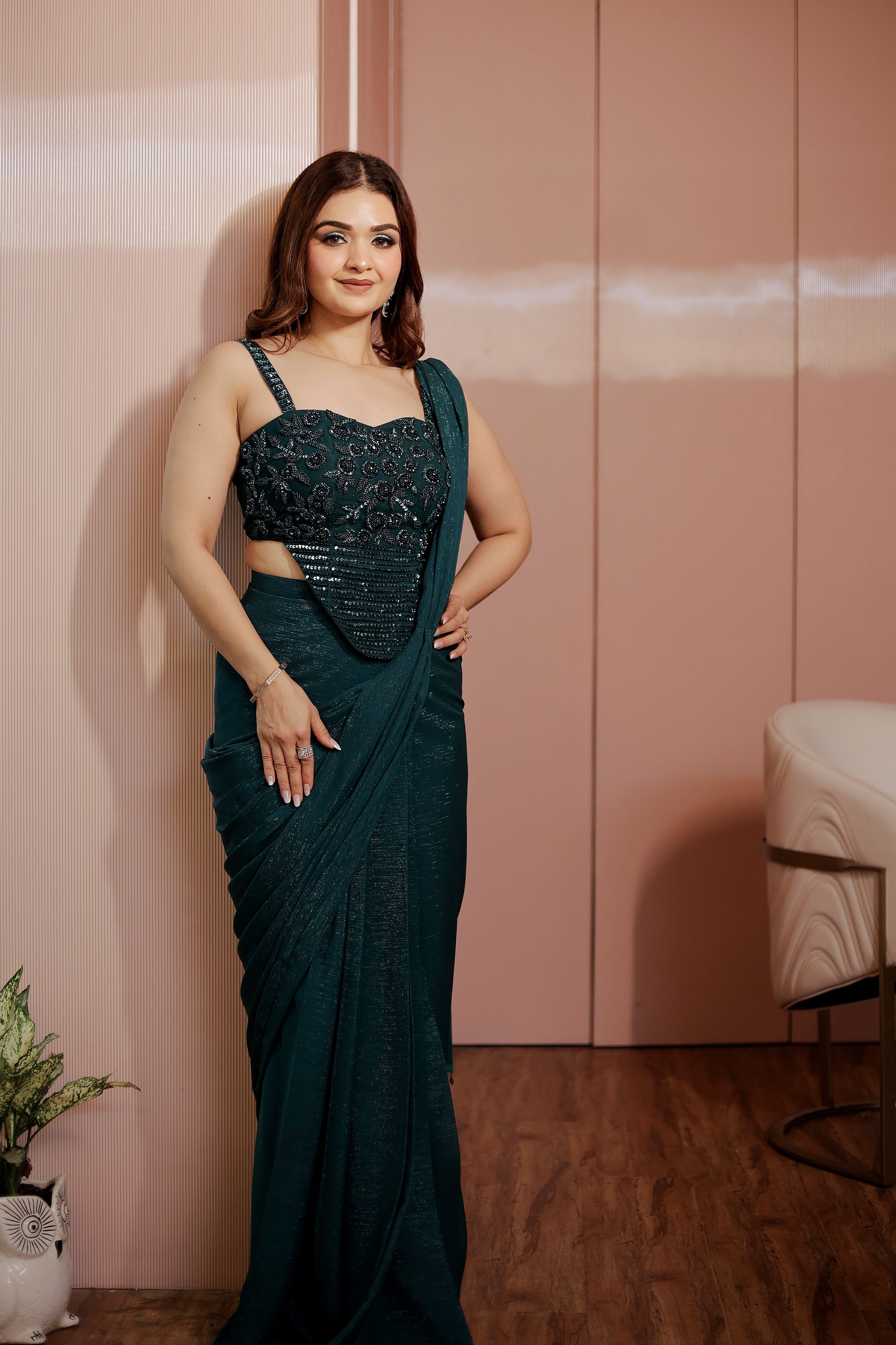 Green shimmer drape saree