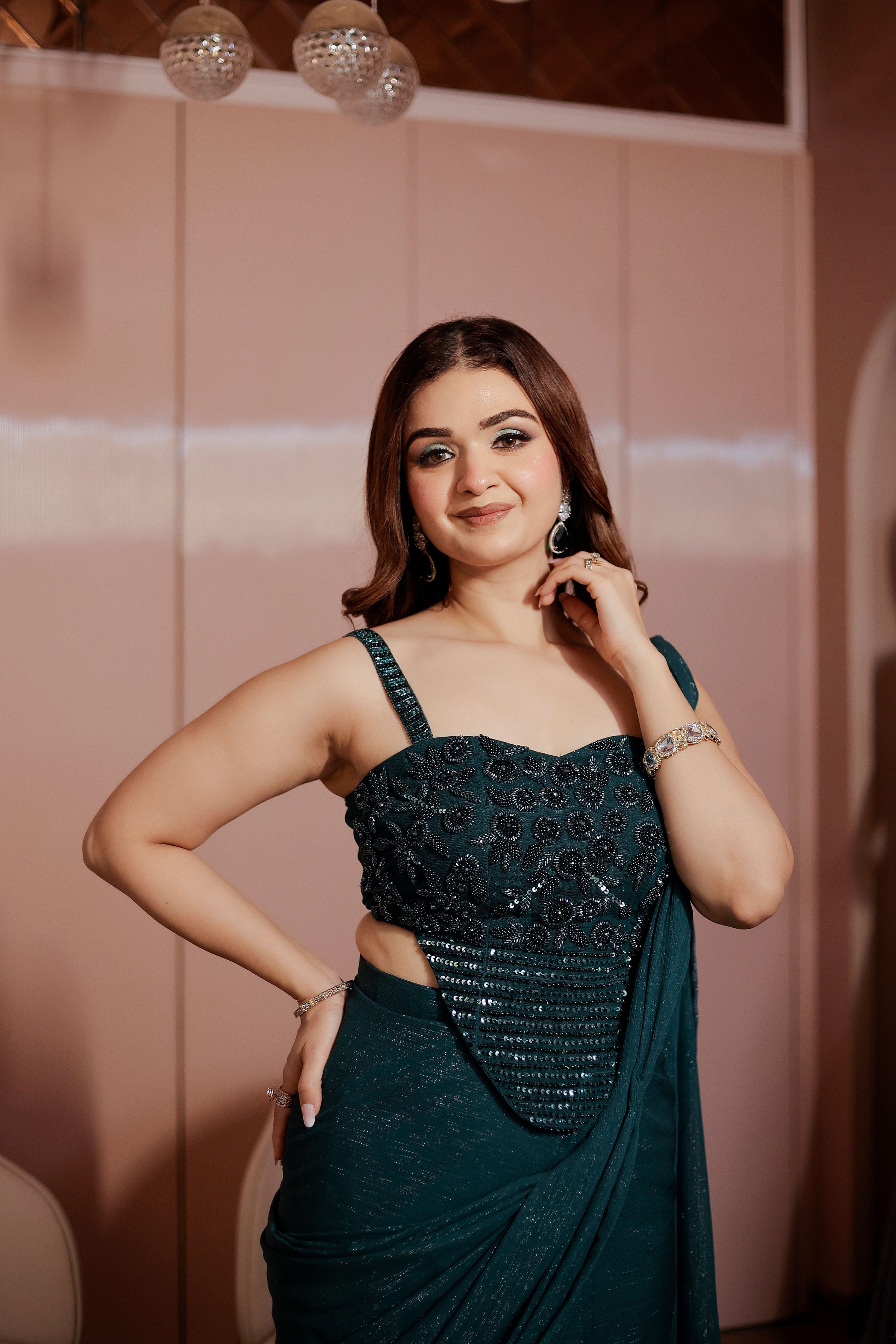 Green shimmer drape saree