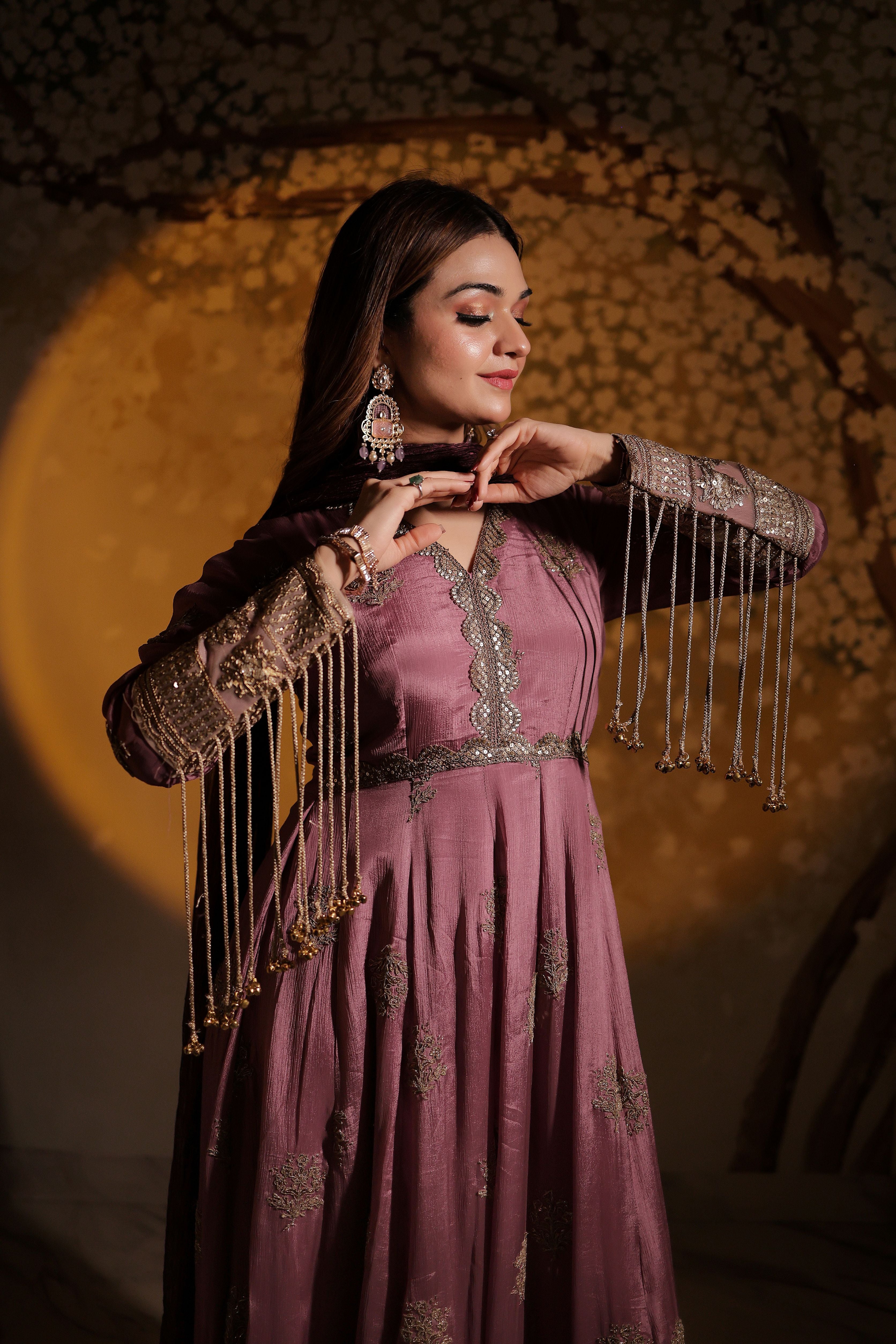 Lavender Anarkali with Ghungru on sleeves