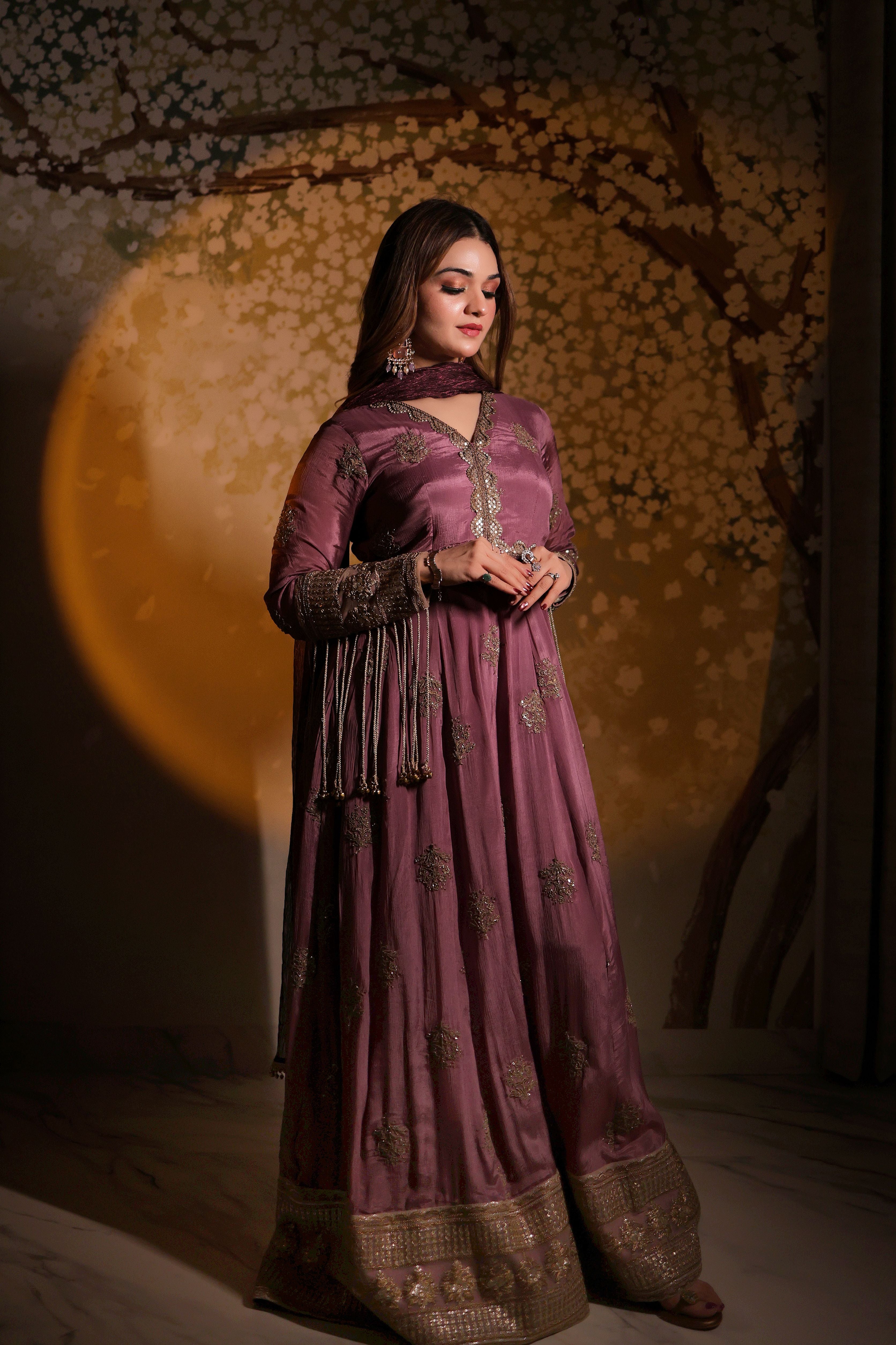 Lavender Anarkali with Ghungru on sleeves