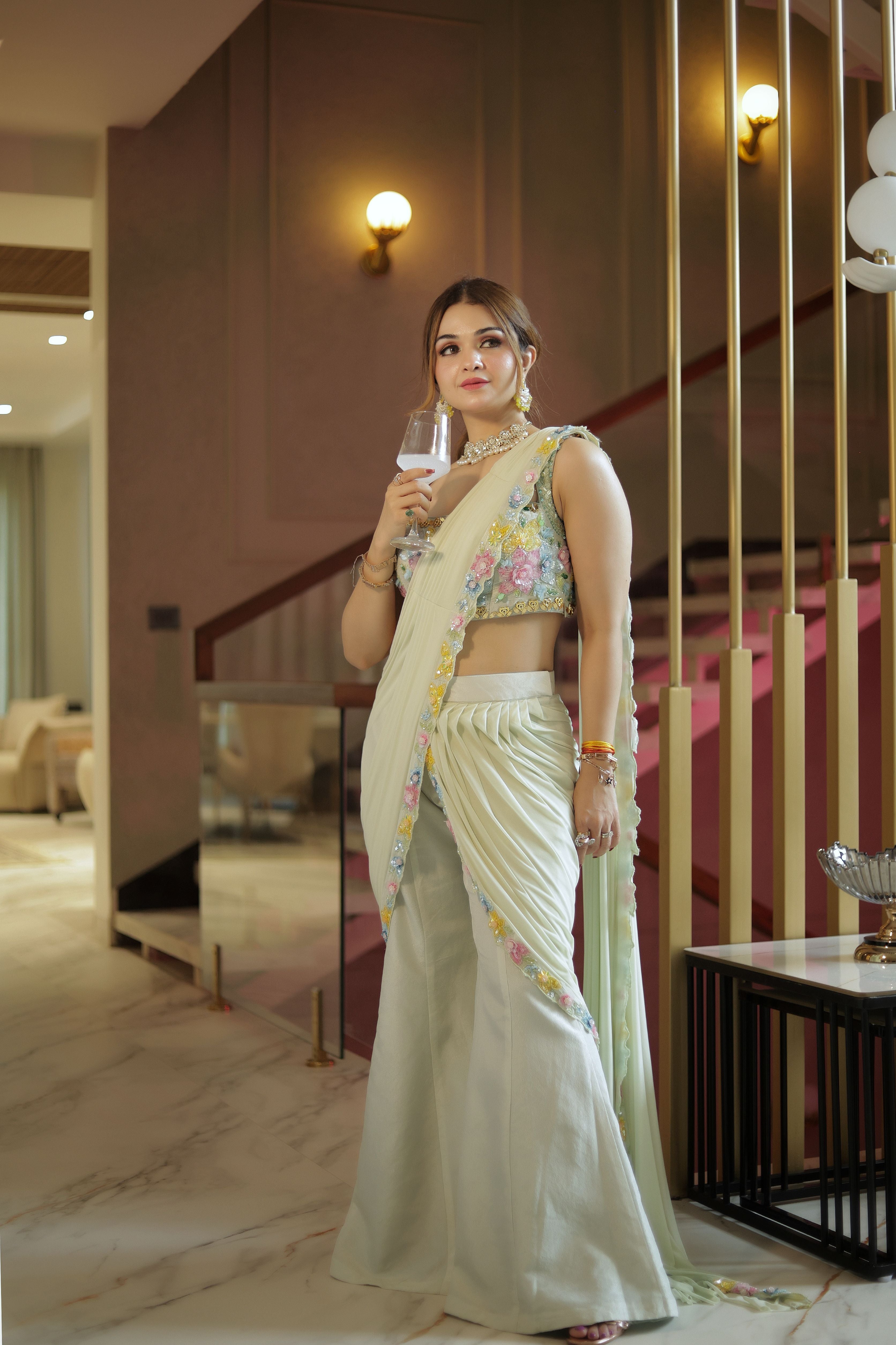 Sea green multi flower work blouse with Plazo drape saree