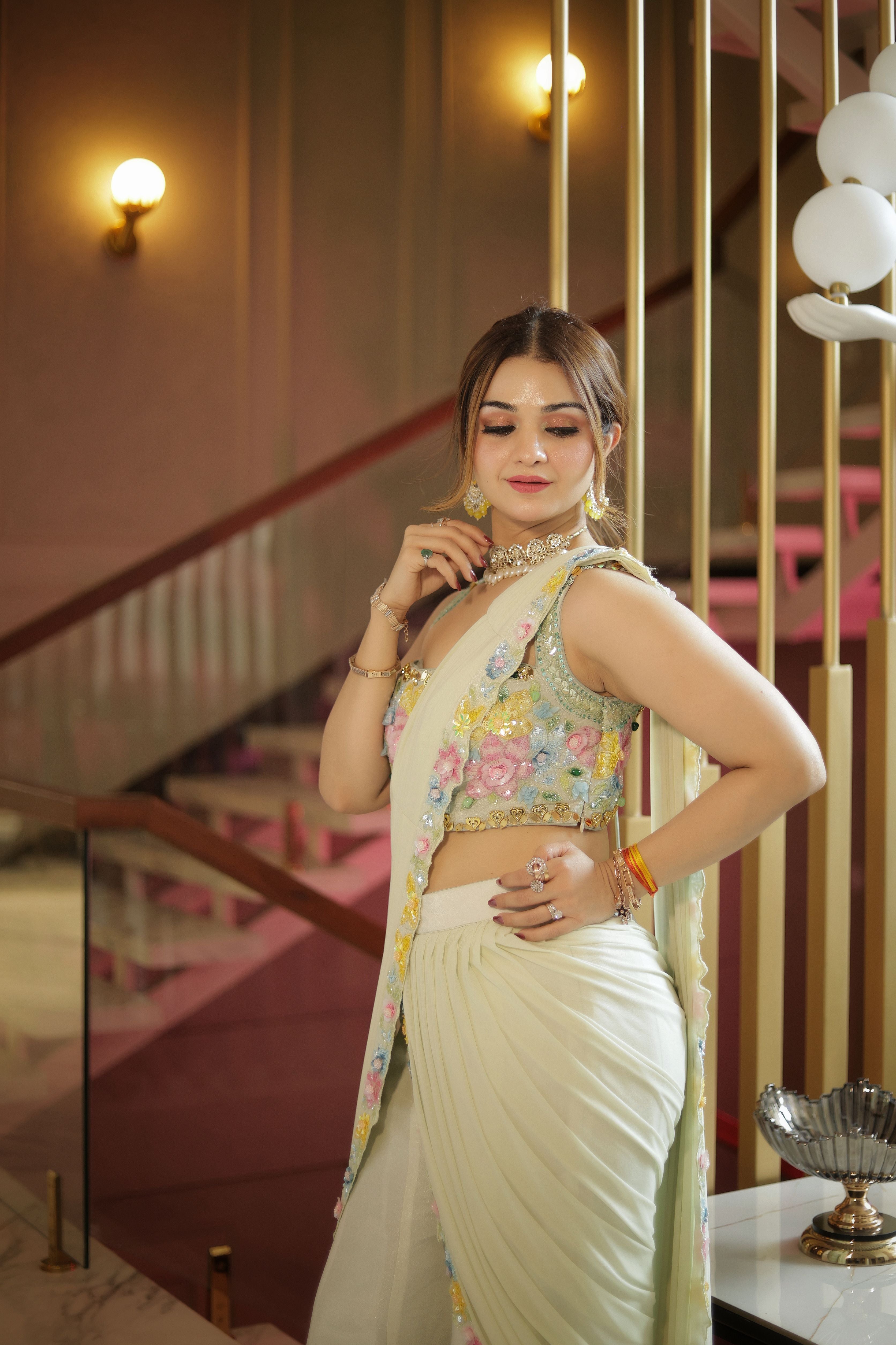 Sea green multi flower work blouse with Plazo drape saree