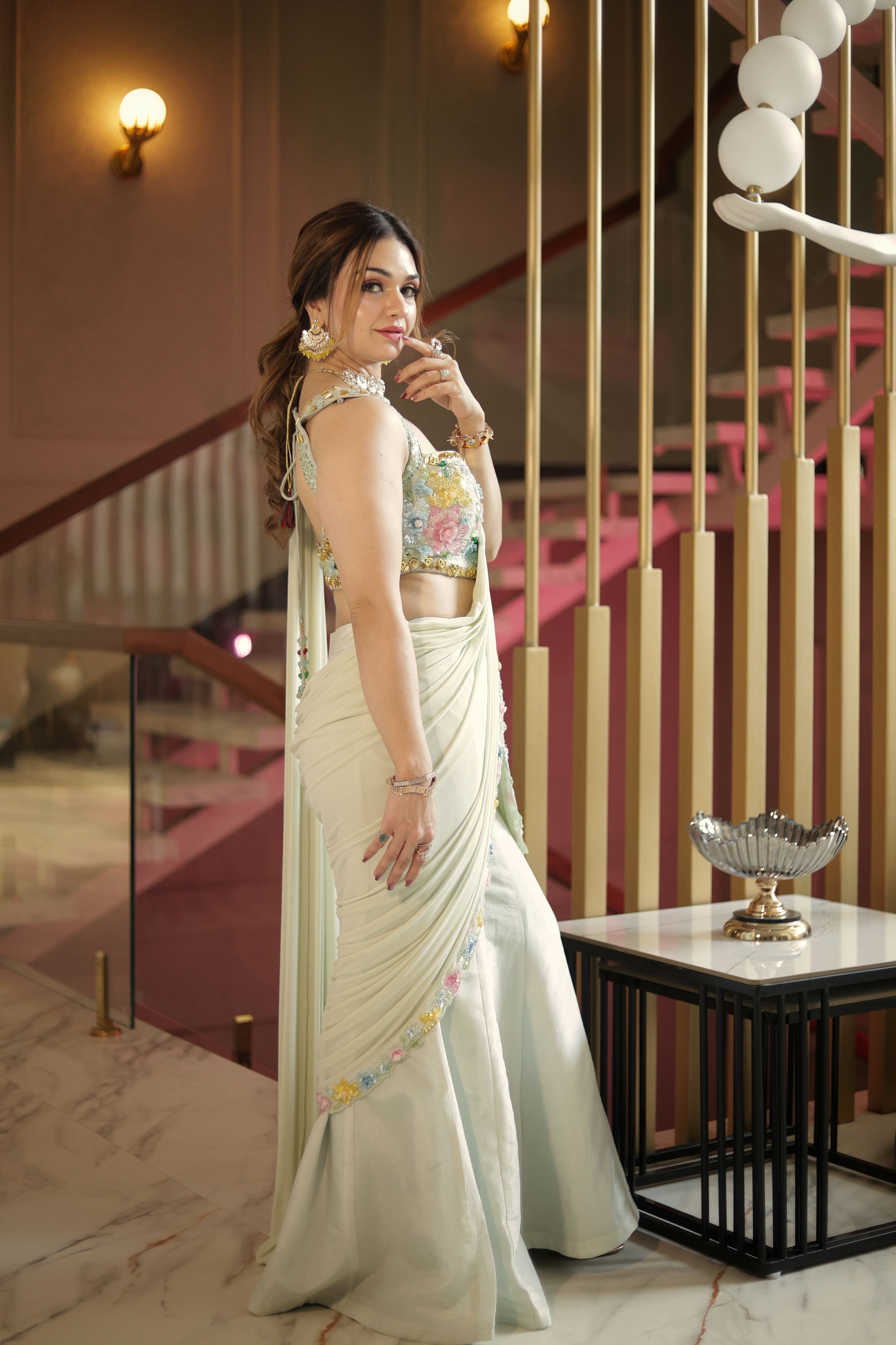 Sea green multi flower work blouse with Plazo drape saree