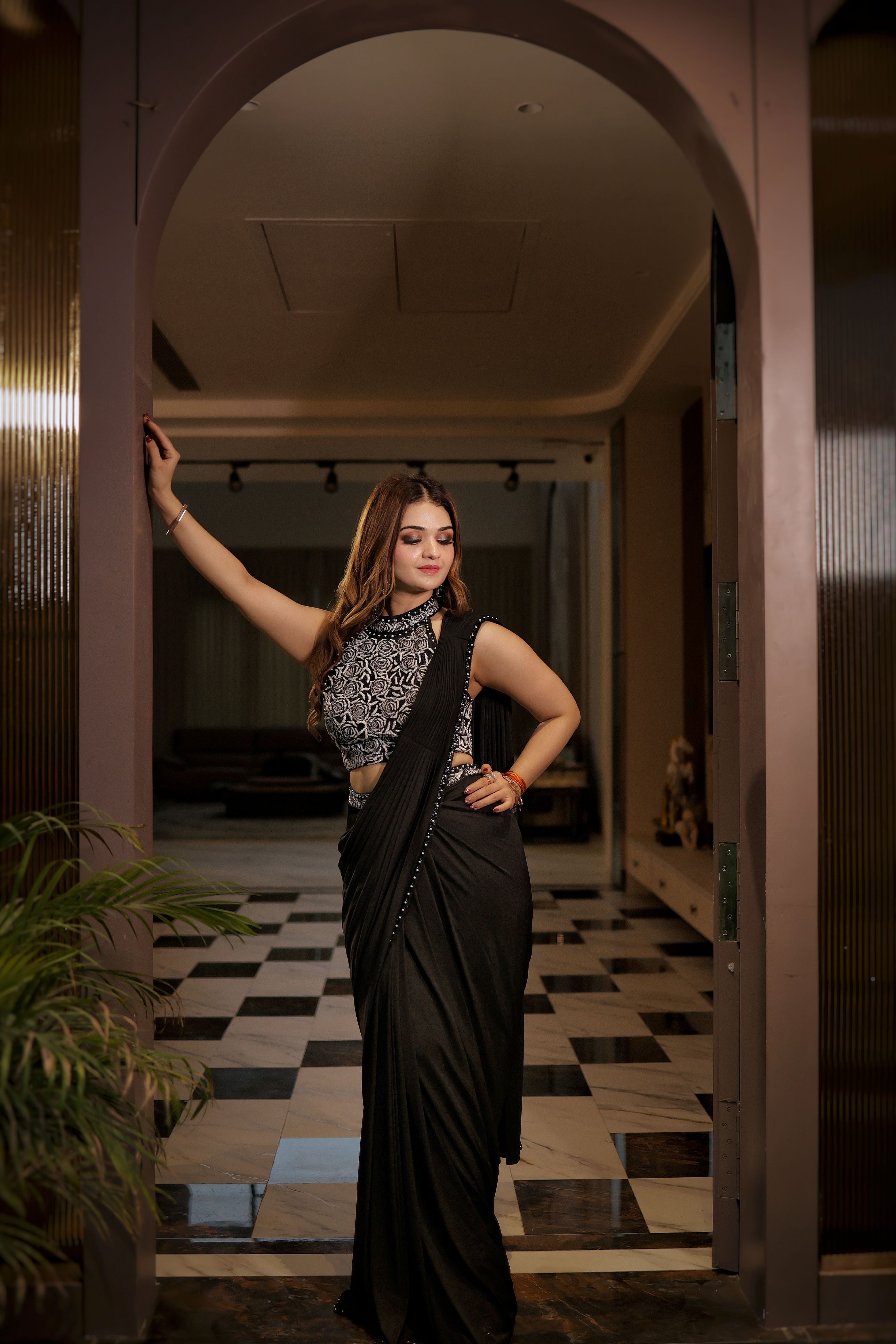 Black Pearl Rose drape lycra saree