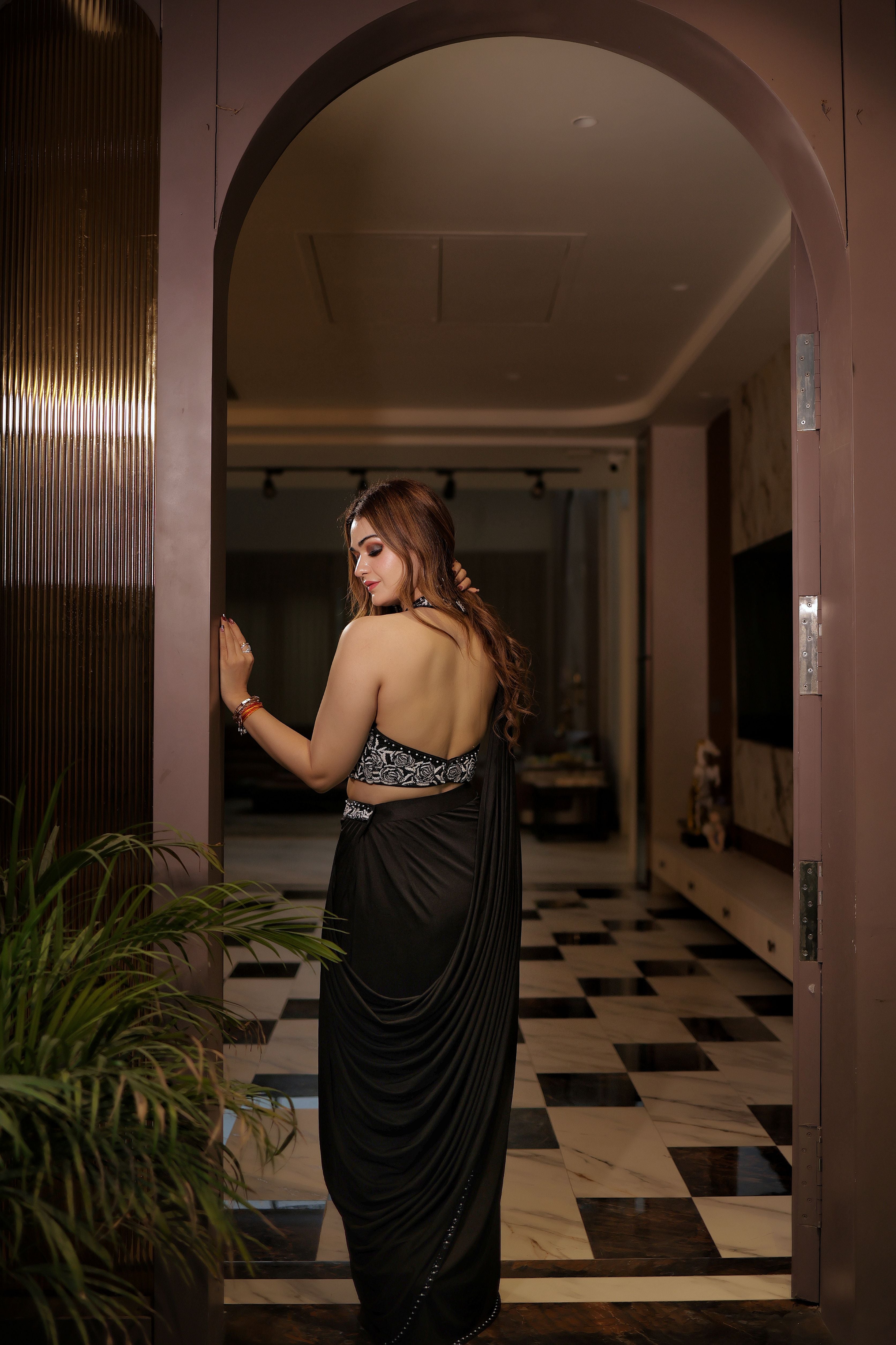 Black Pearl Rose drape lycra saree