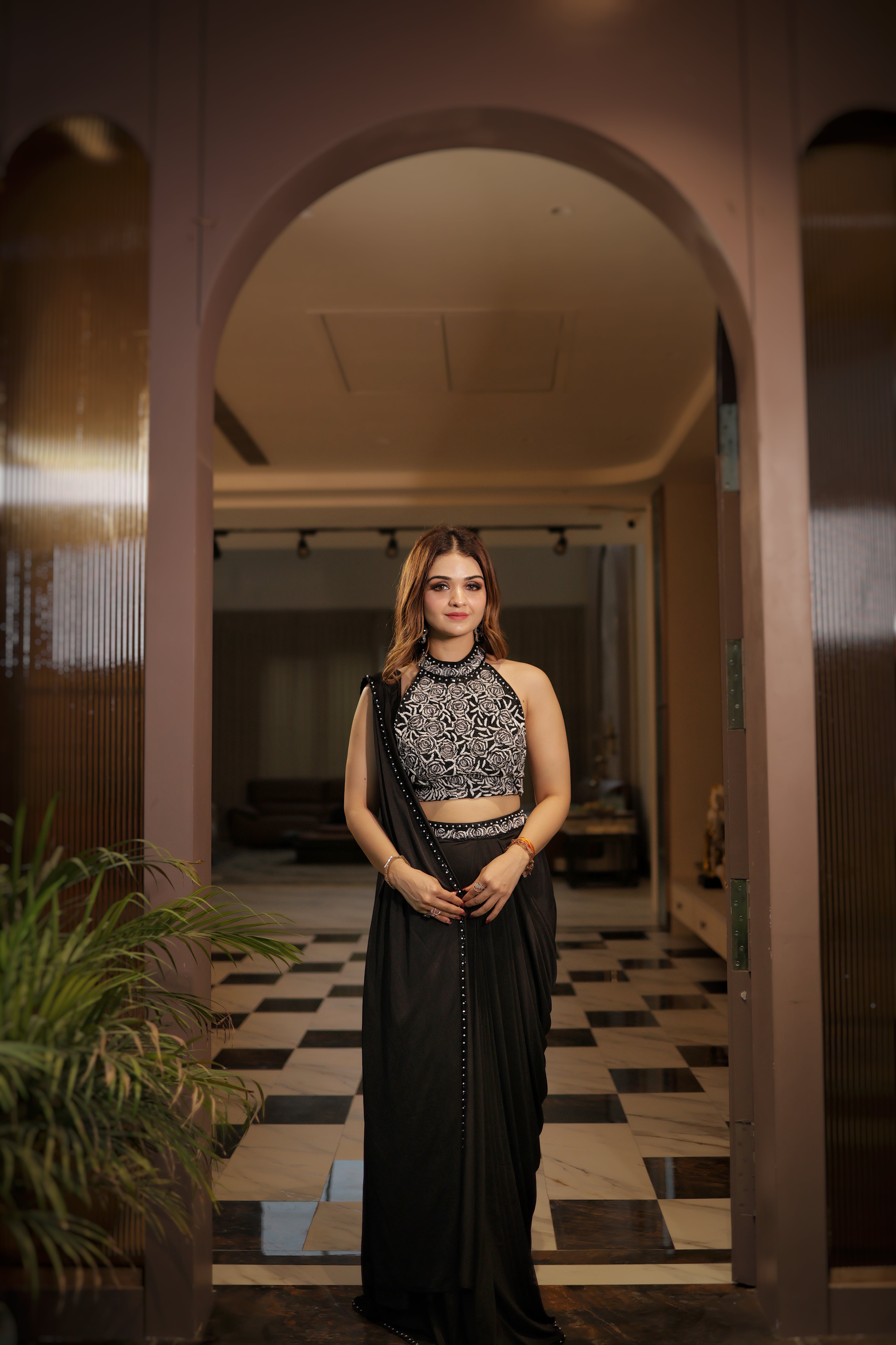 Black Pearl Rose drape lycra saree