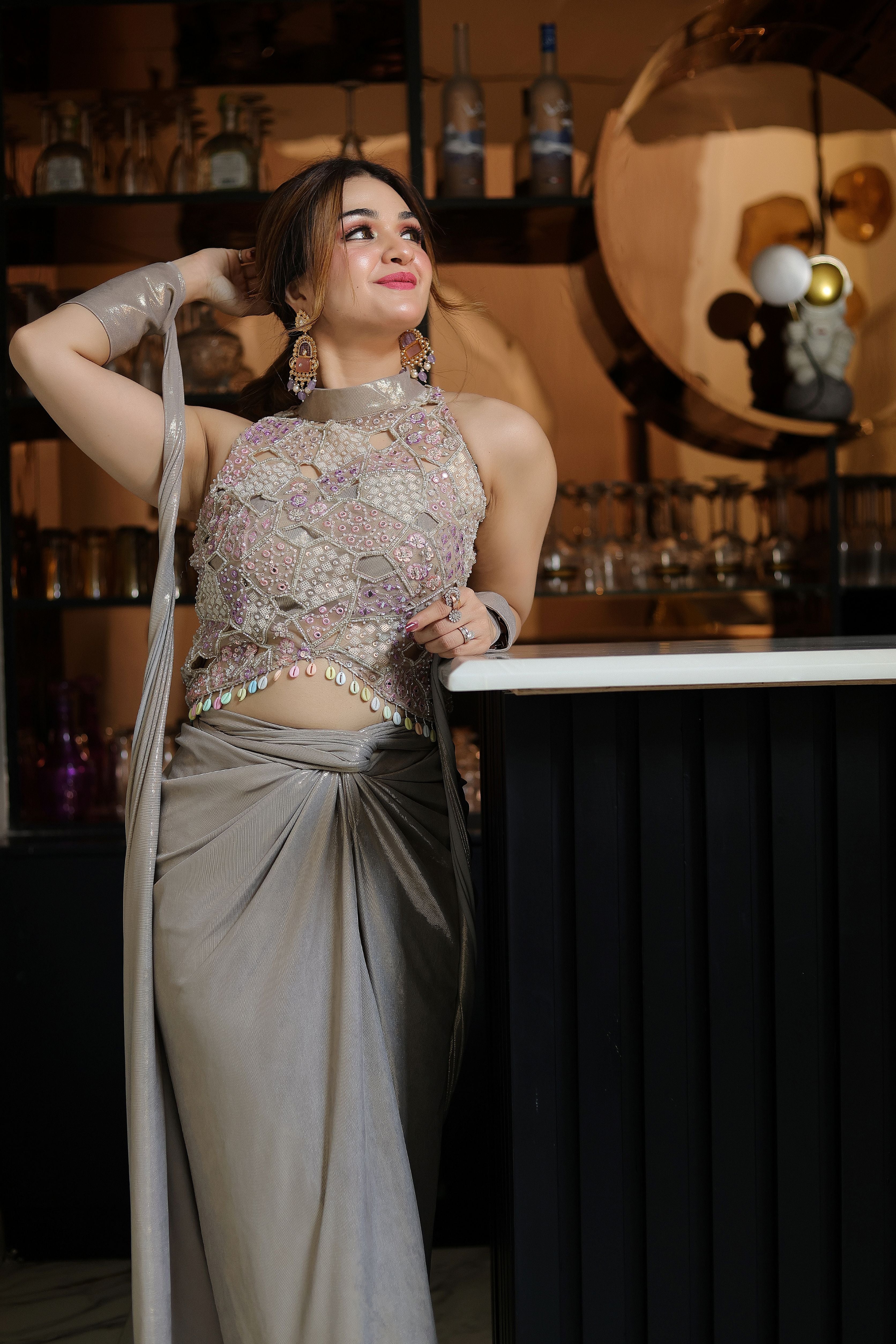 Silver Metallic Shimmer Drape with Embellished Blouse set