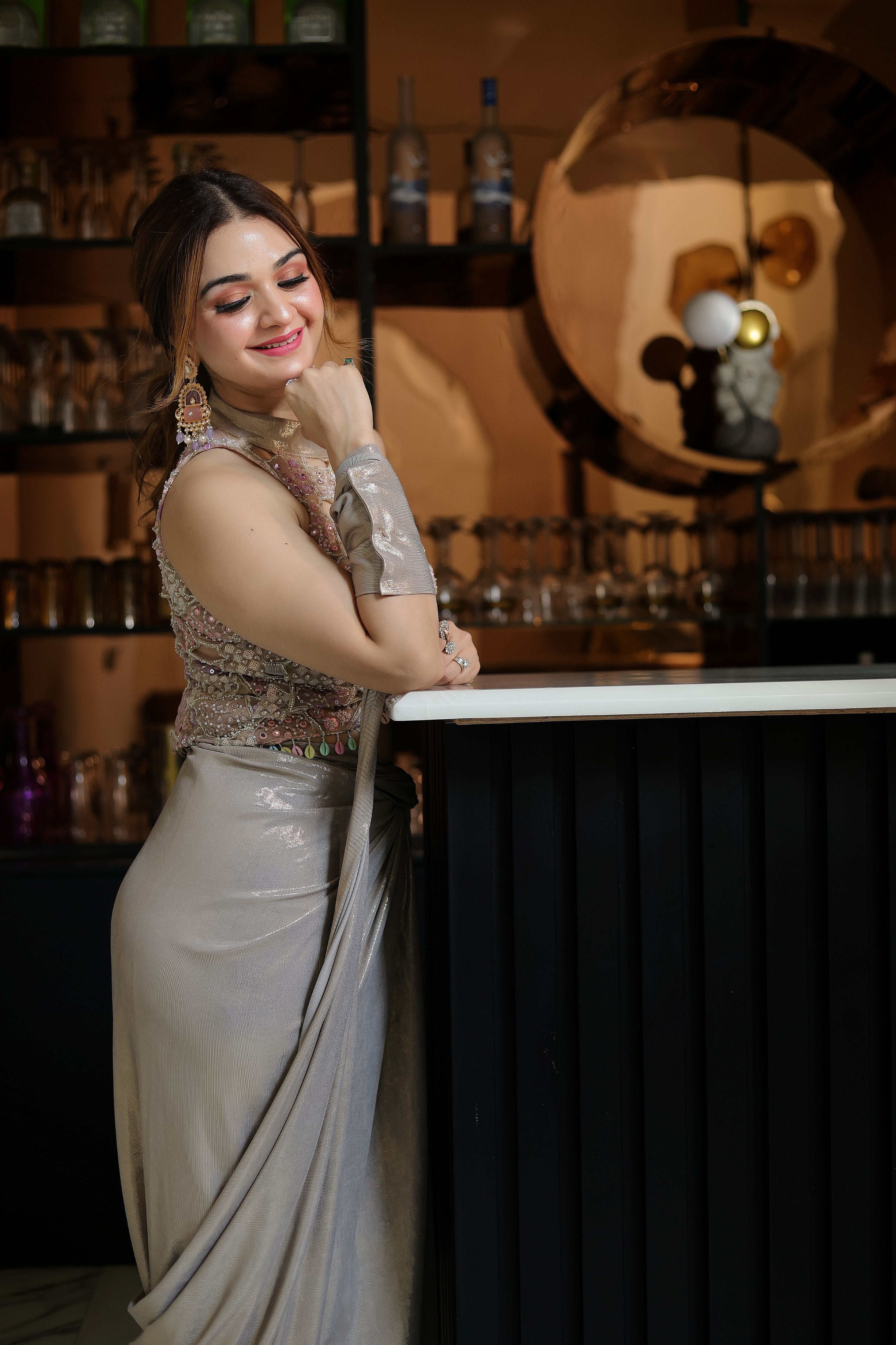 Silver Metallic Shimmer Drape with Embellished Blouse set