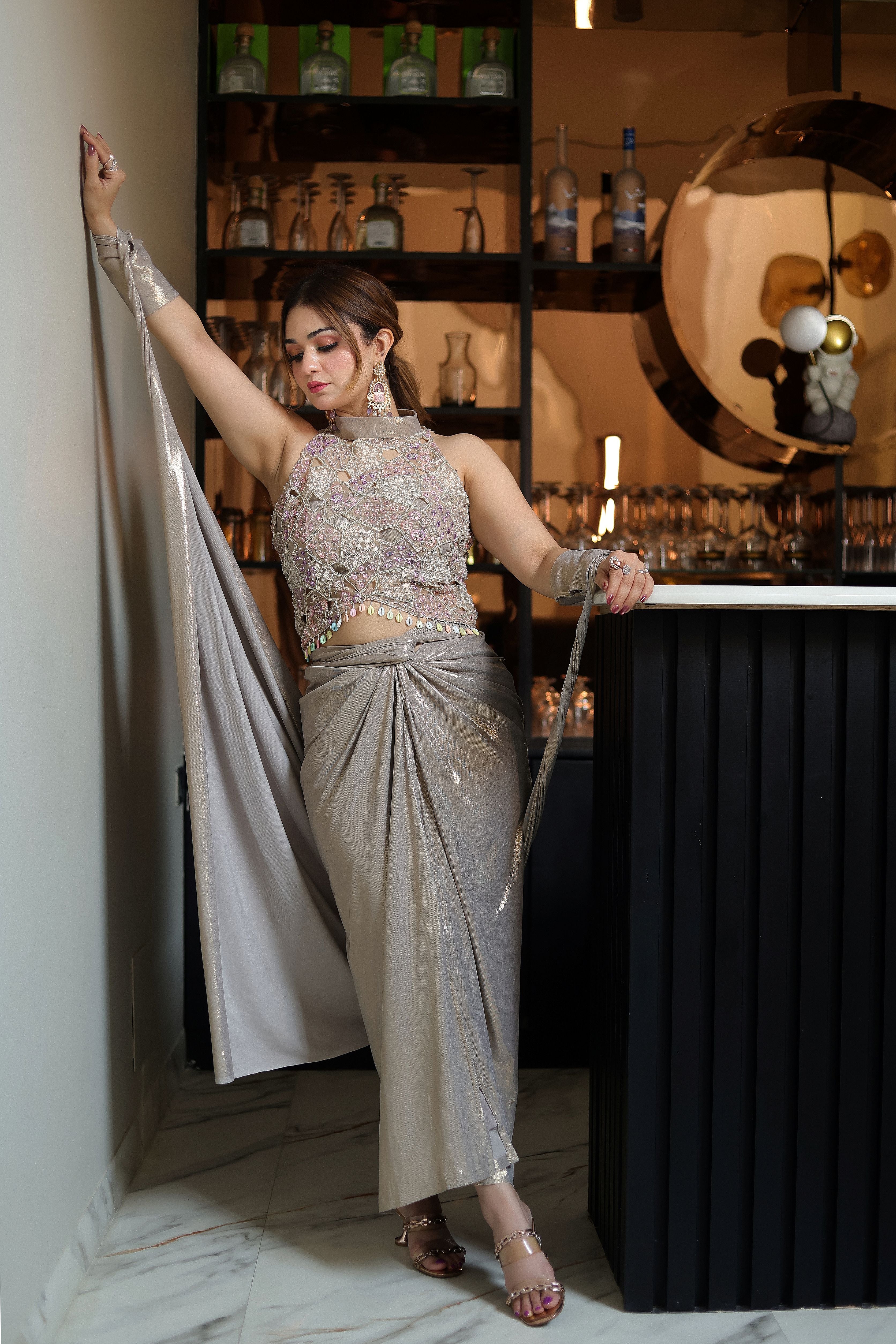 Silver Metallic Shimmer Drape with Embellished Blouse set
