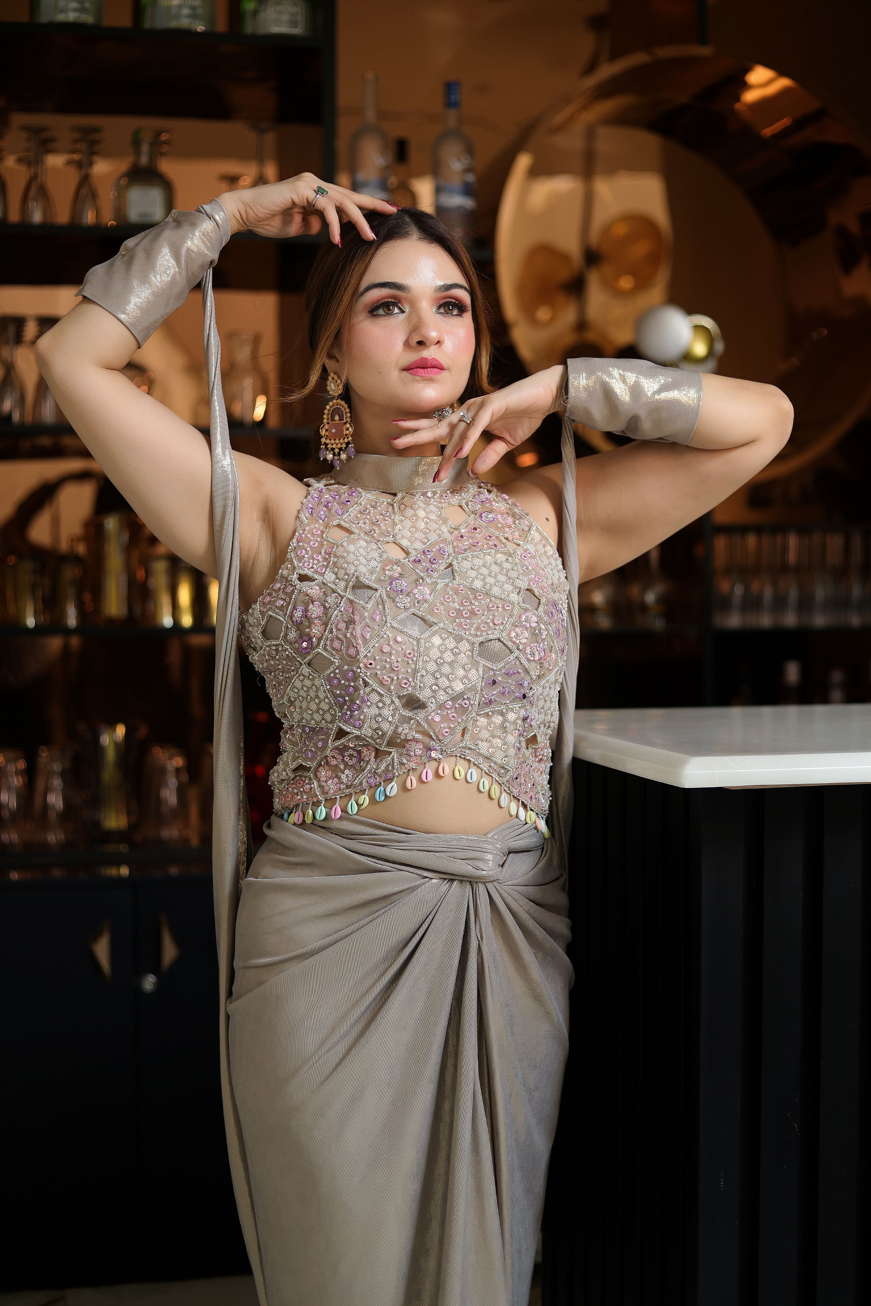 Silver Metallic Shimmer Drape with Embellished Blouse set