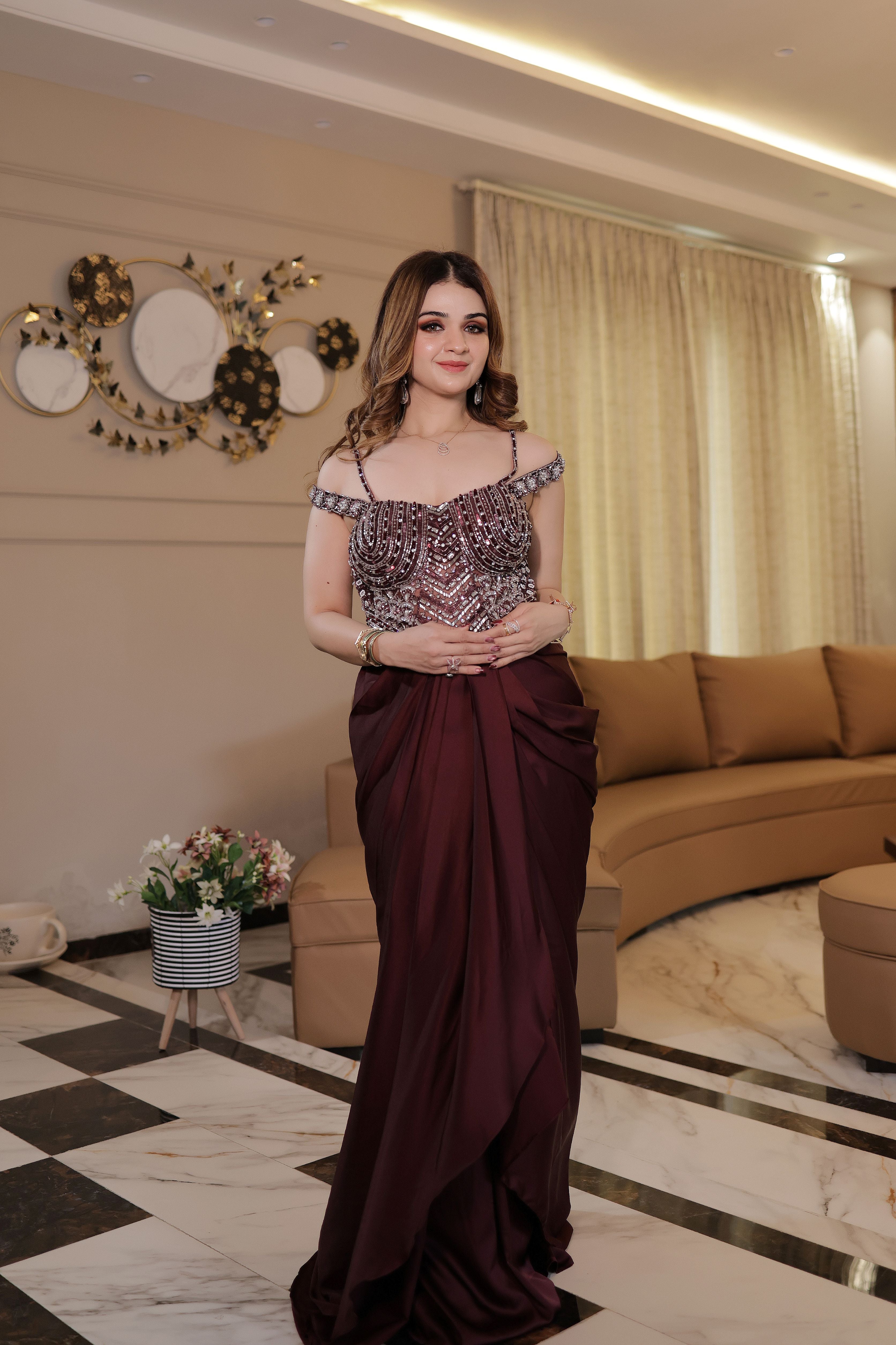 Wine one piece dress with flower handwork blouse
