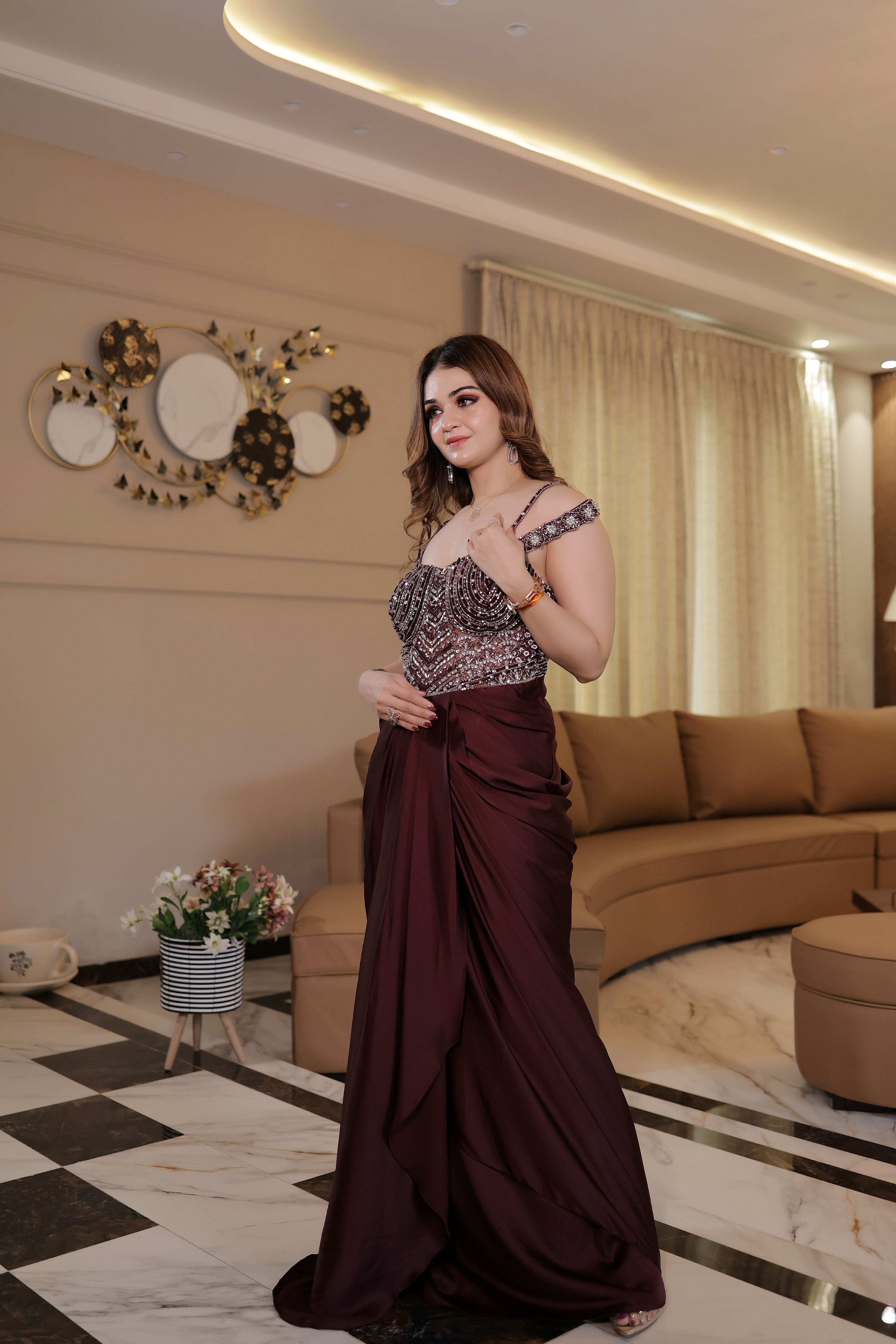 Wine one piece dress with flower handwork blouse