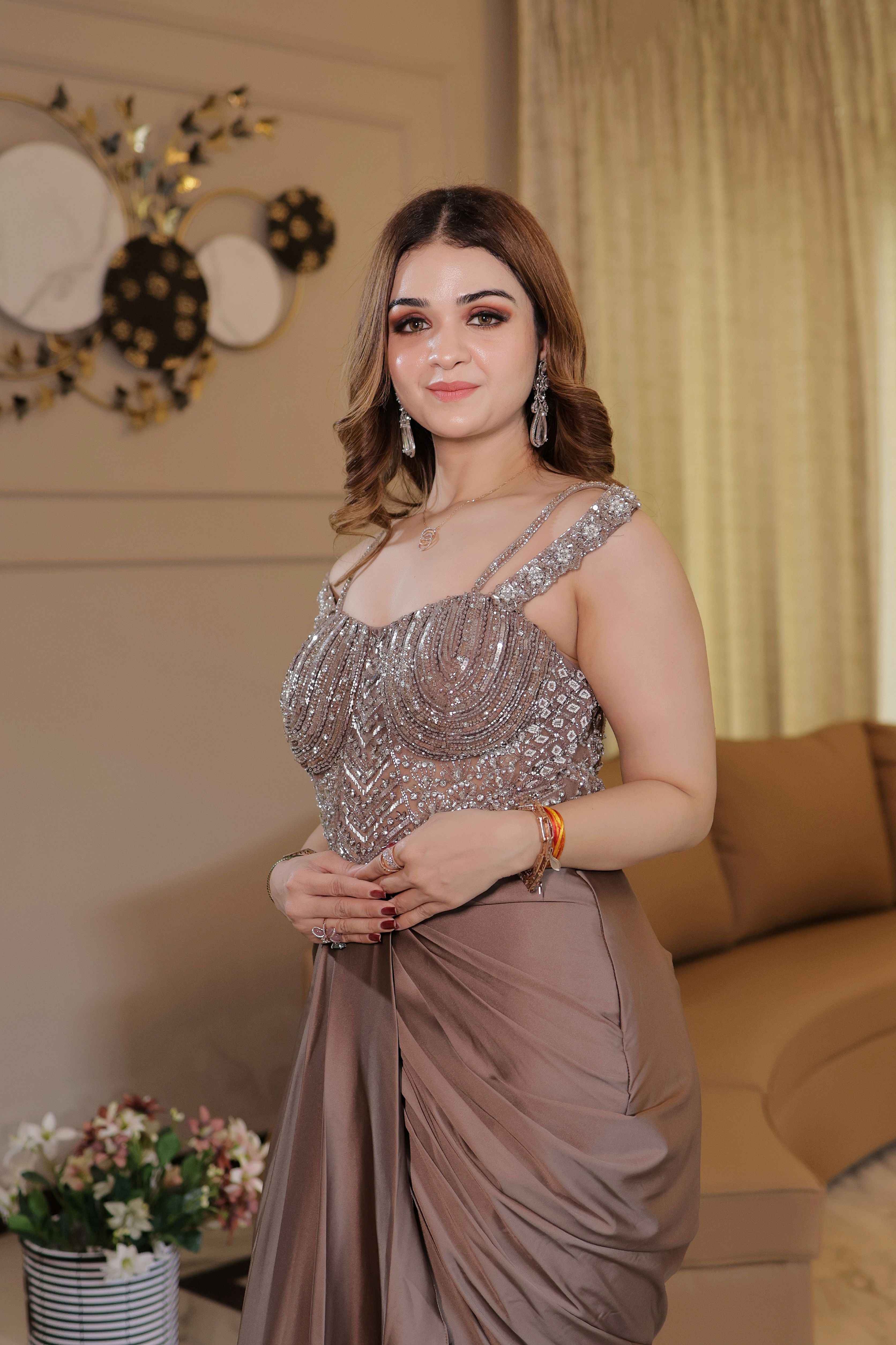 Gold one piece dress with flower handwork blouse