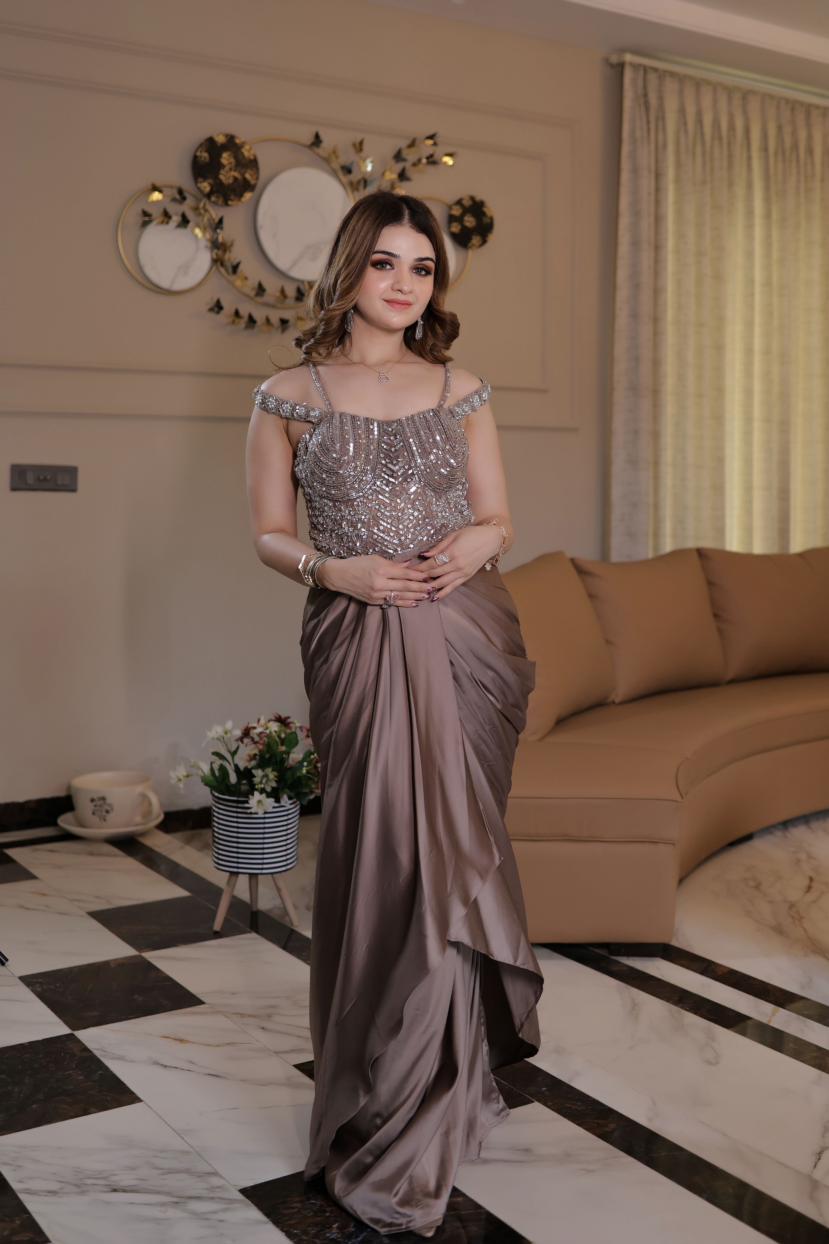 Champaign one piece dress with flower handwork blouse