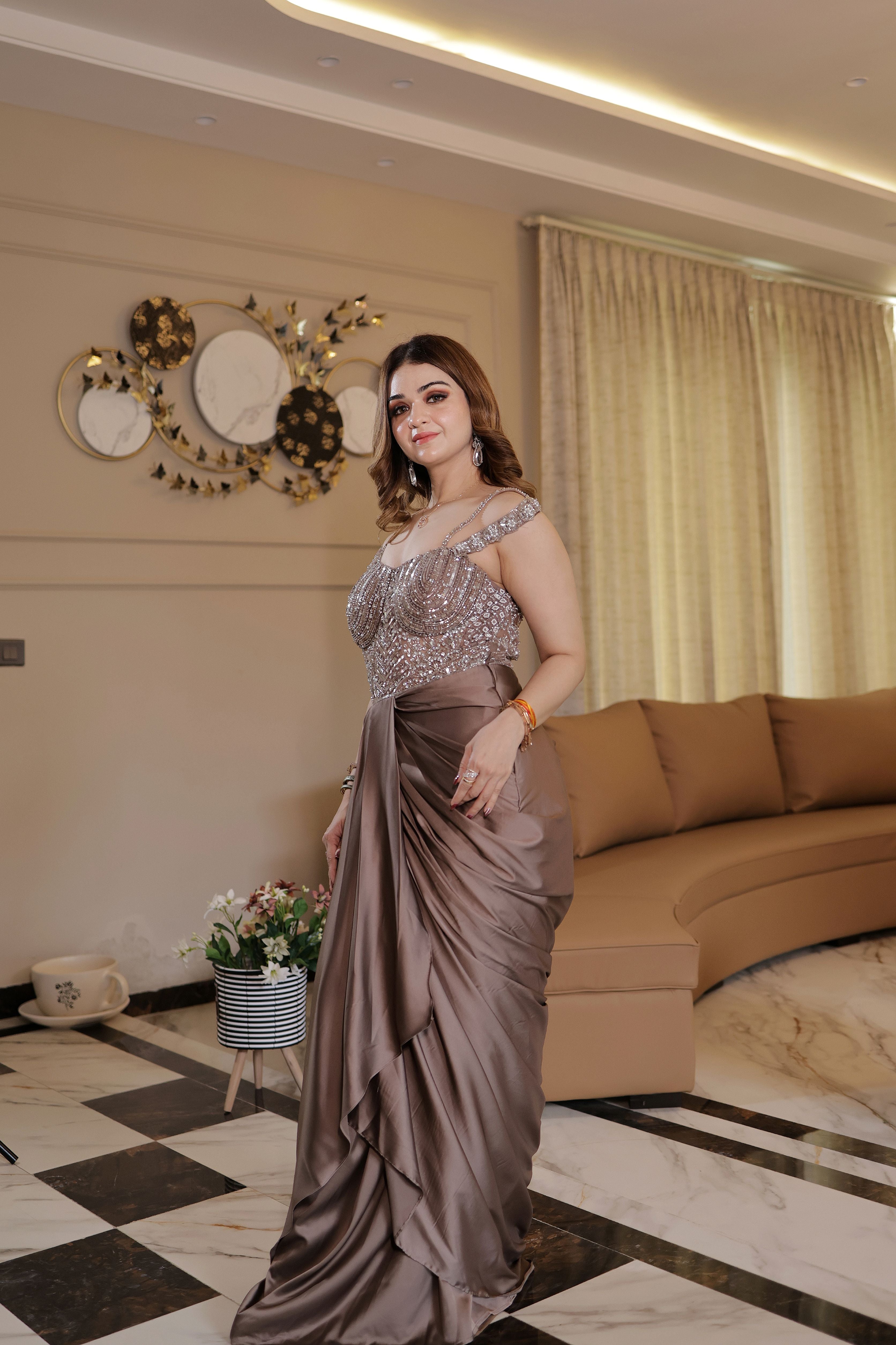 Champaign one piece dress with flower handwork blouse