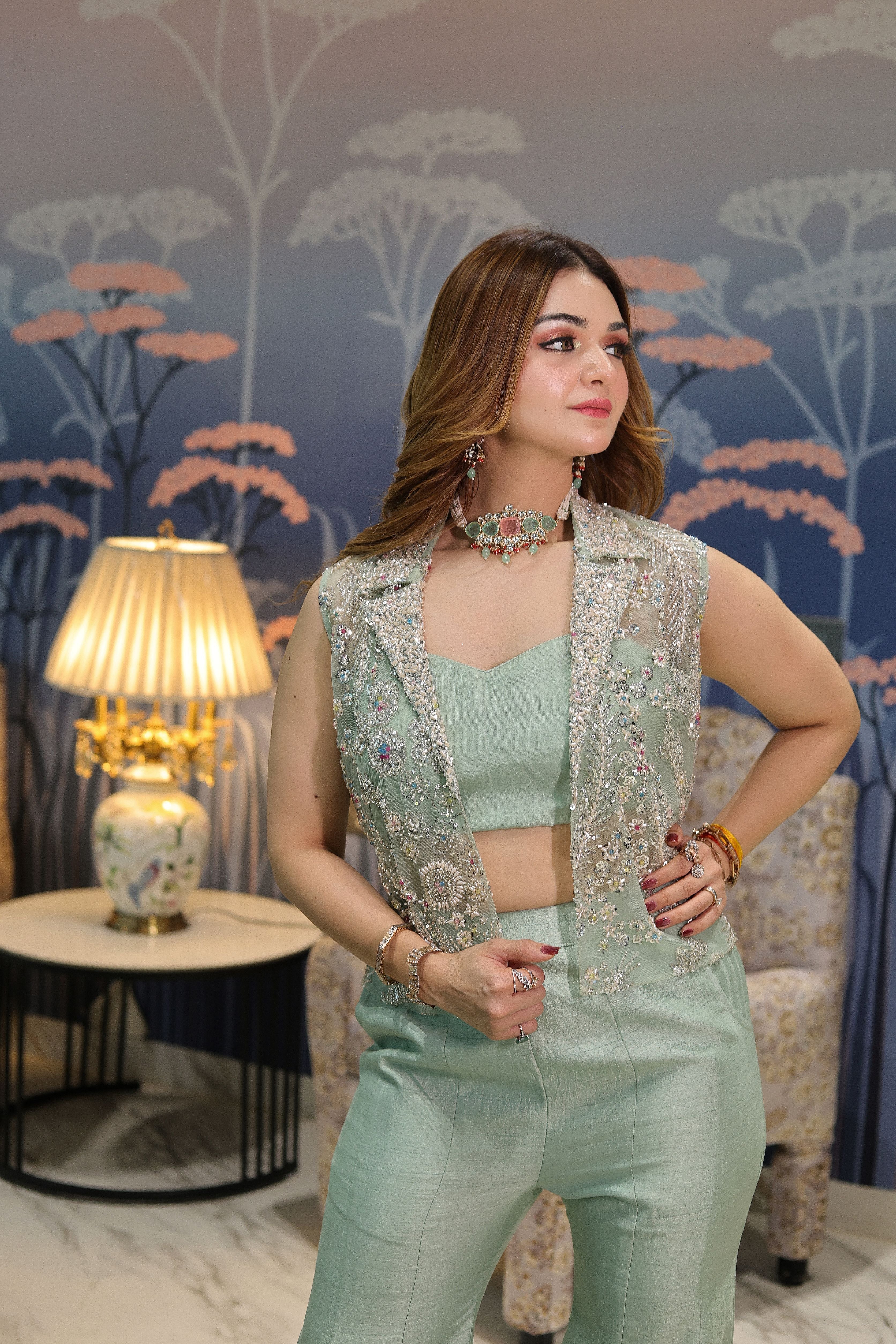 Sea green Jacket embroidered jacket with bustier and flared plazo
