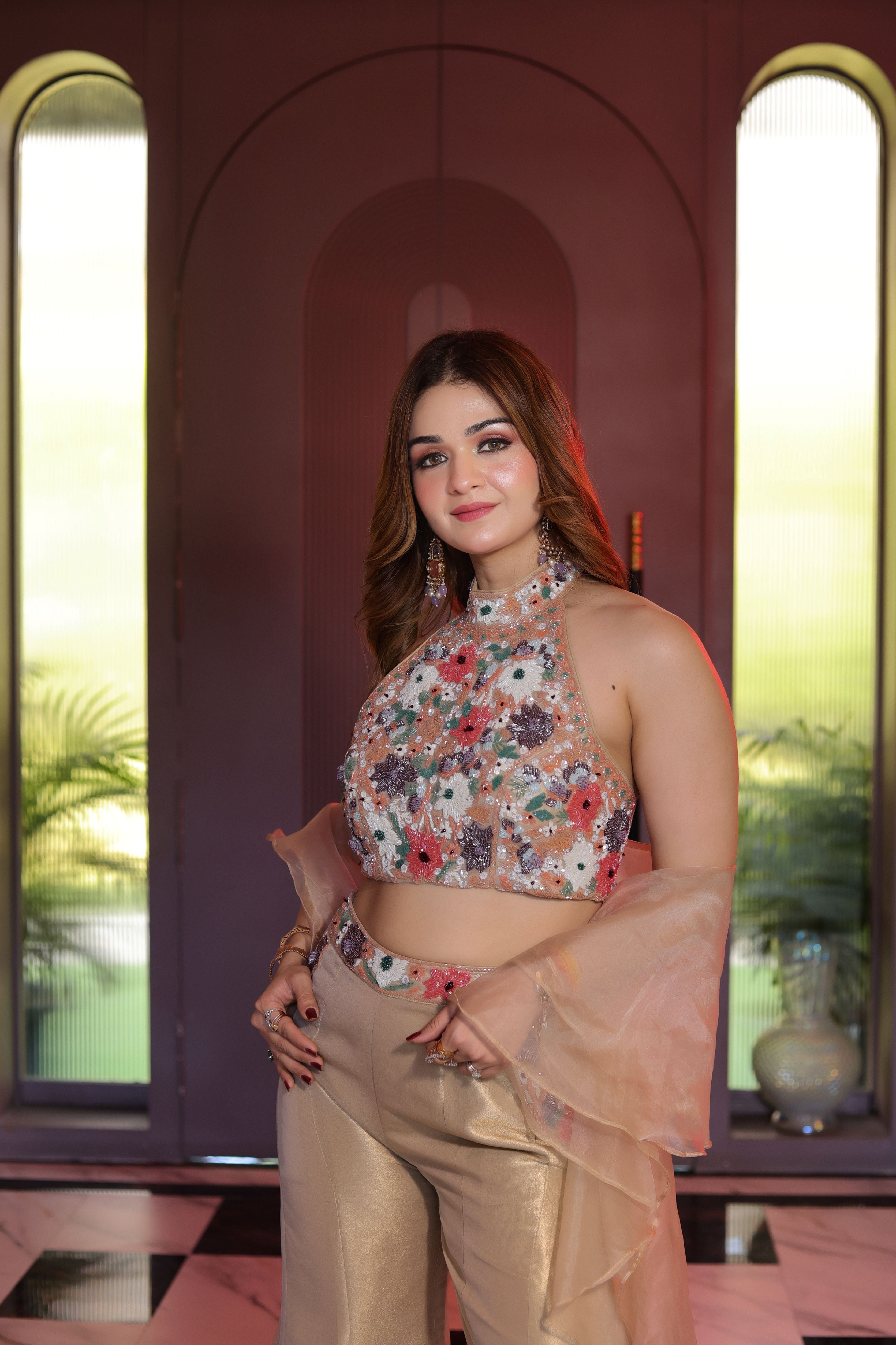 Gold Multicolour halter neck blouse with plazo