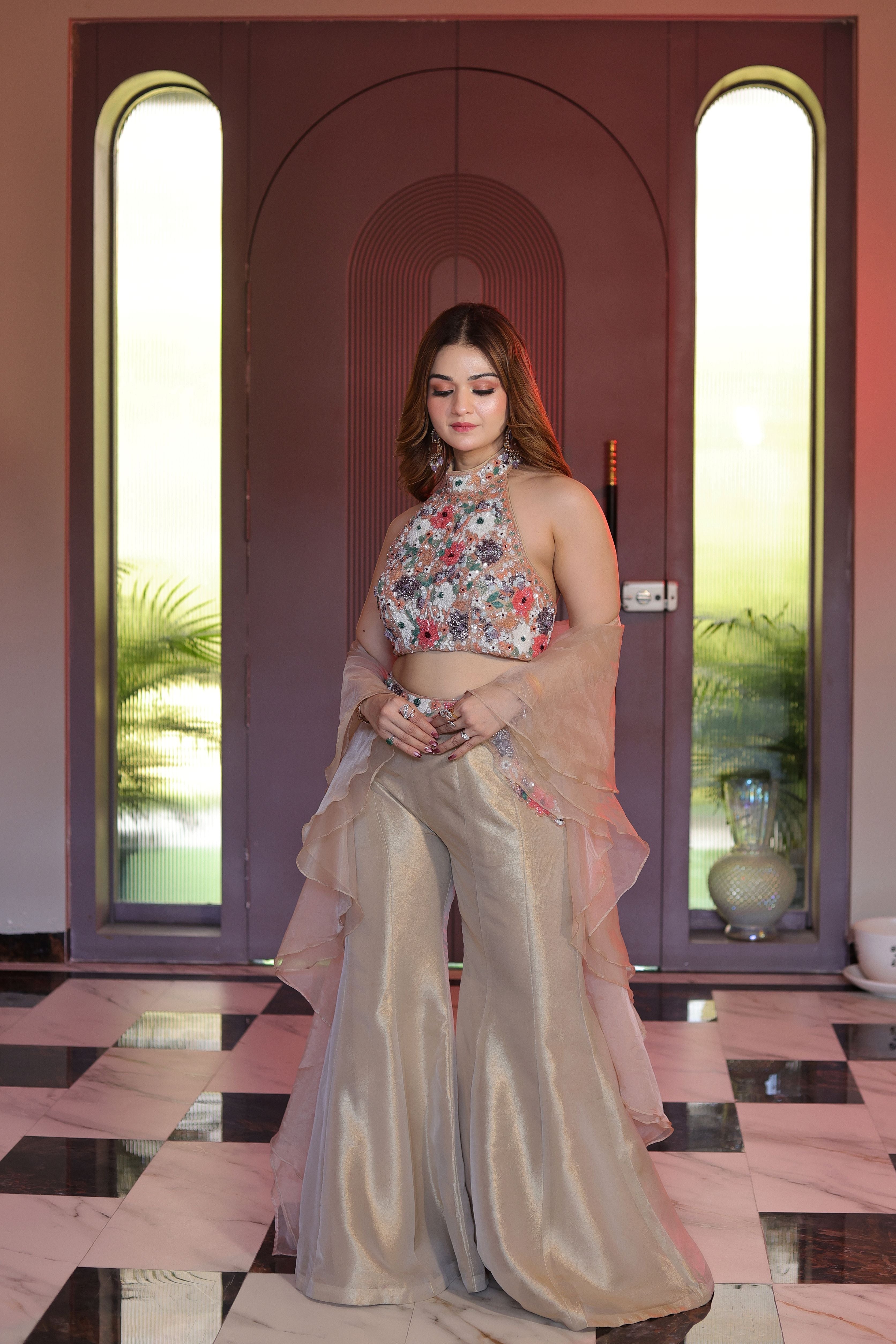 Gold Multicolour halter neck blouse with plazo