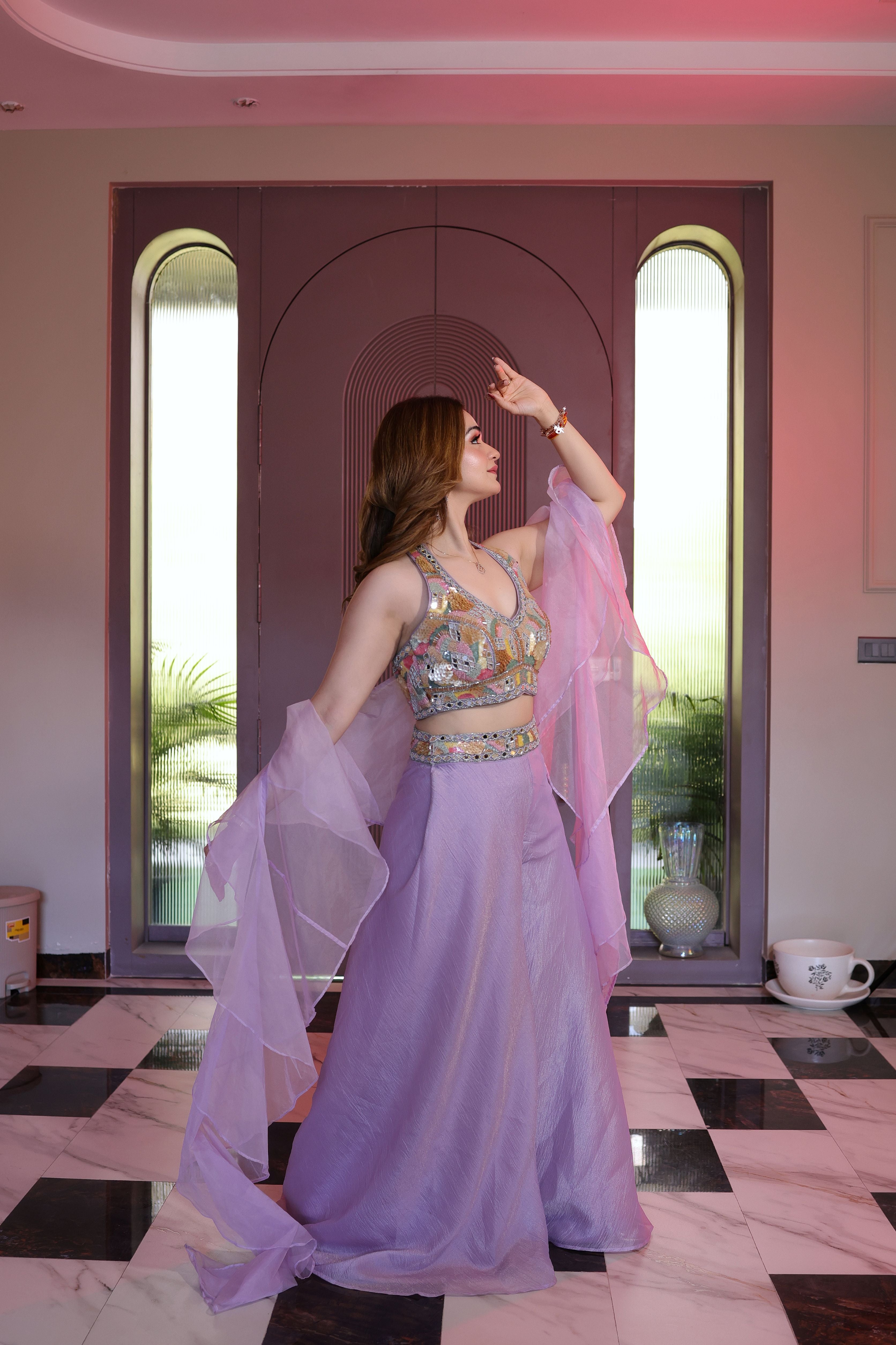 Purple Multicolour halter neck blouse with plazo