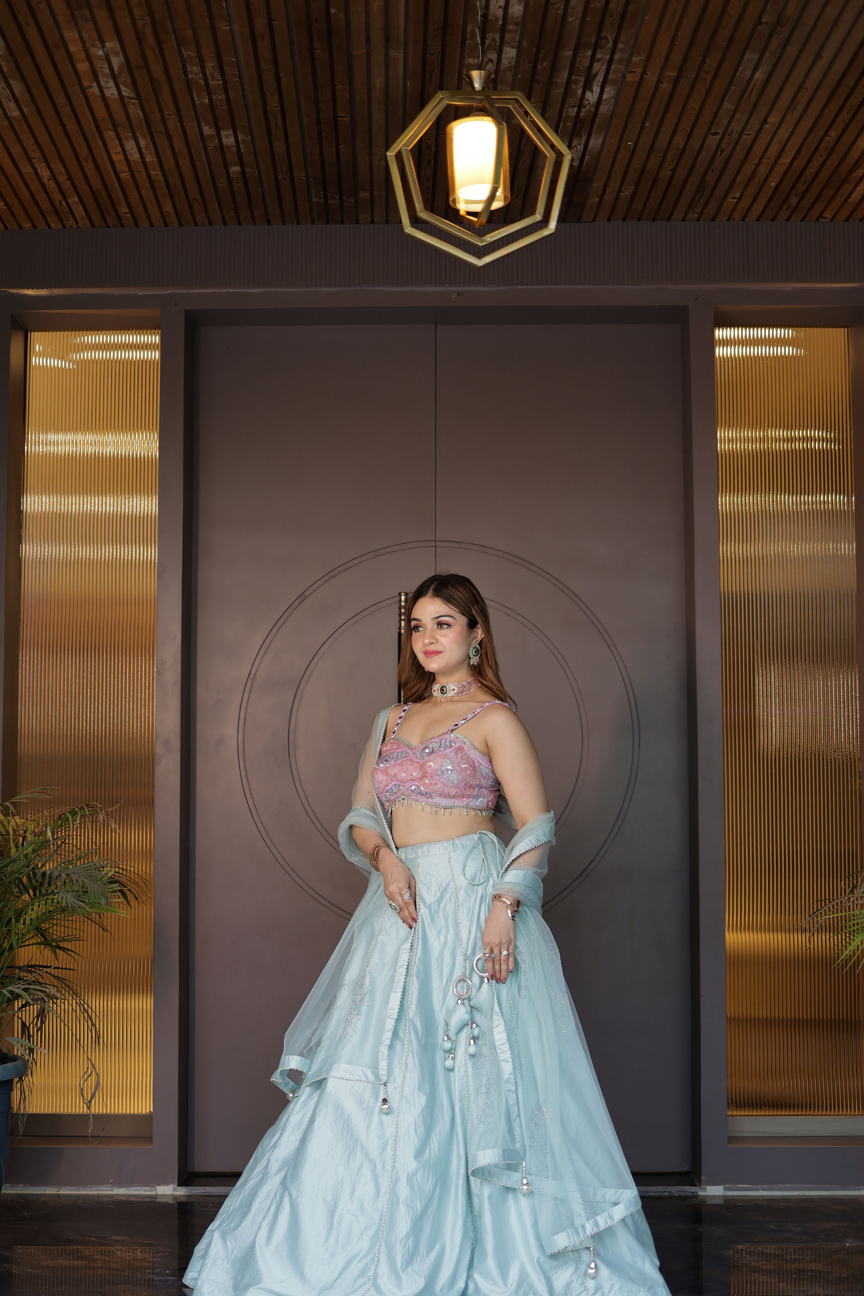 Powder blue Pearlwork Raw Silk Lehenga with pink choli blouse