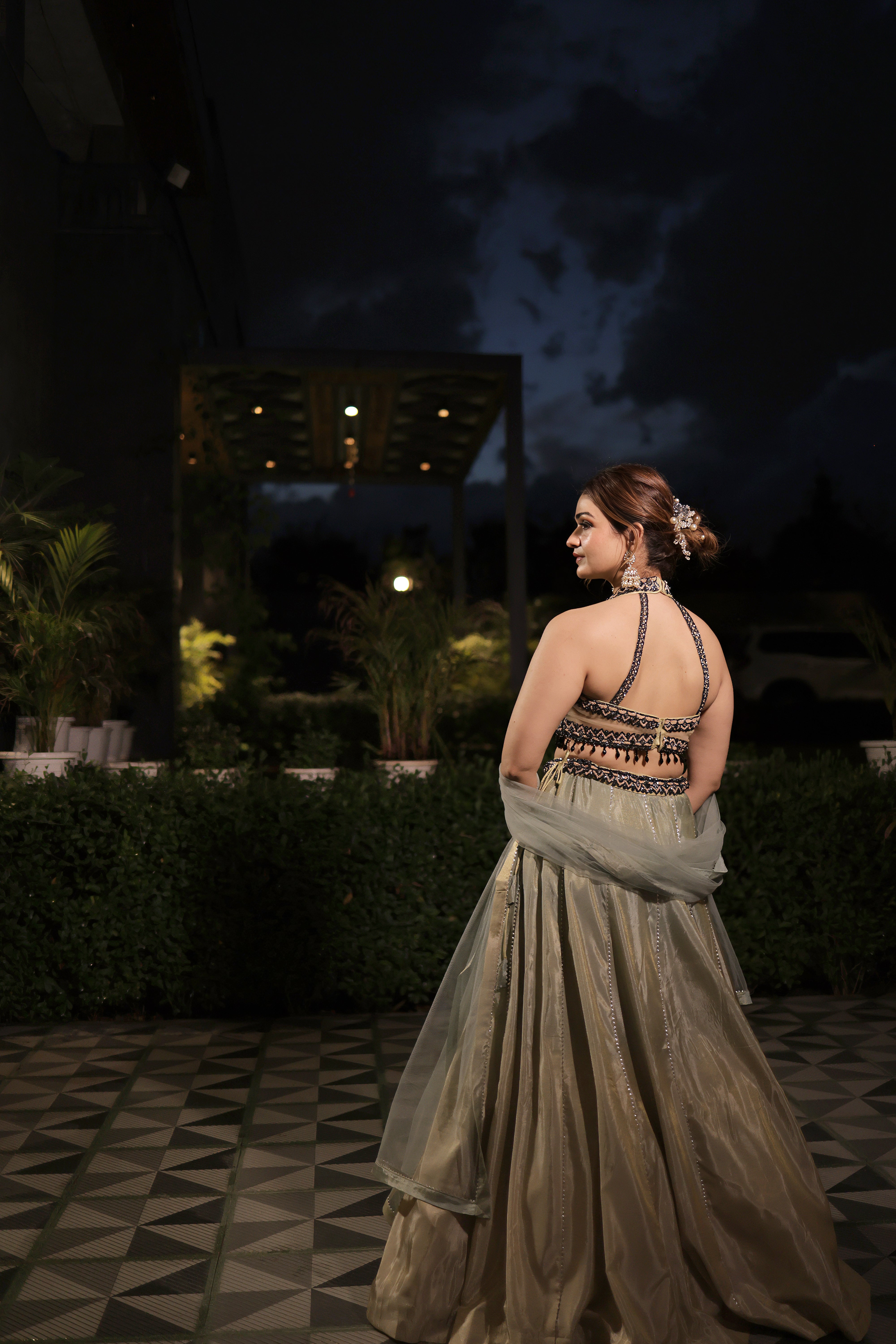 Sea Green and black bead work choli with Raw Silk Lehenga