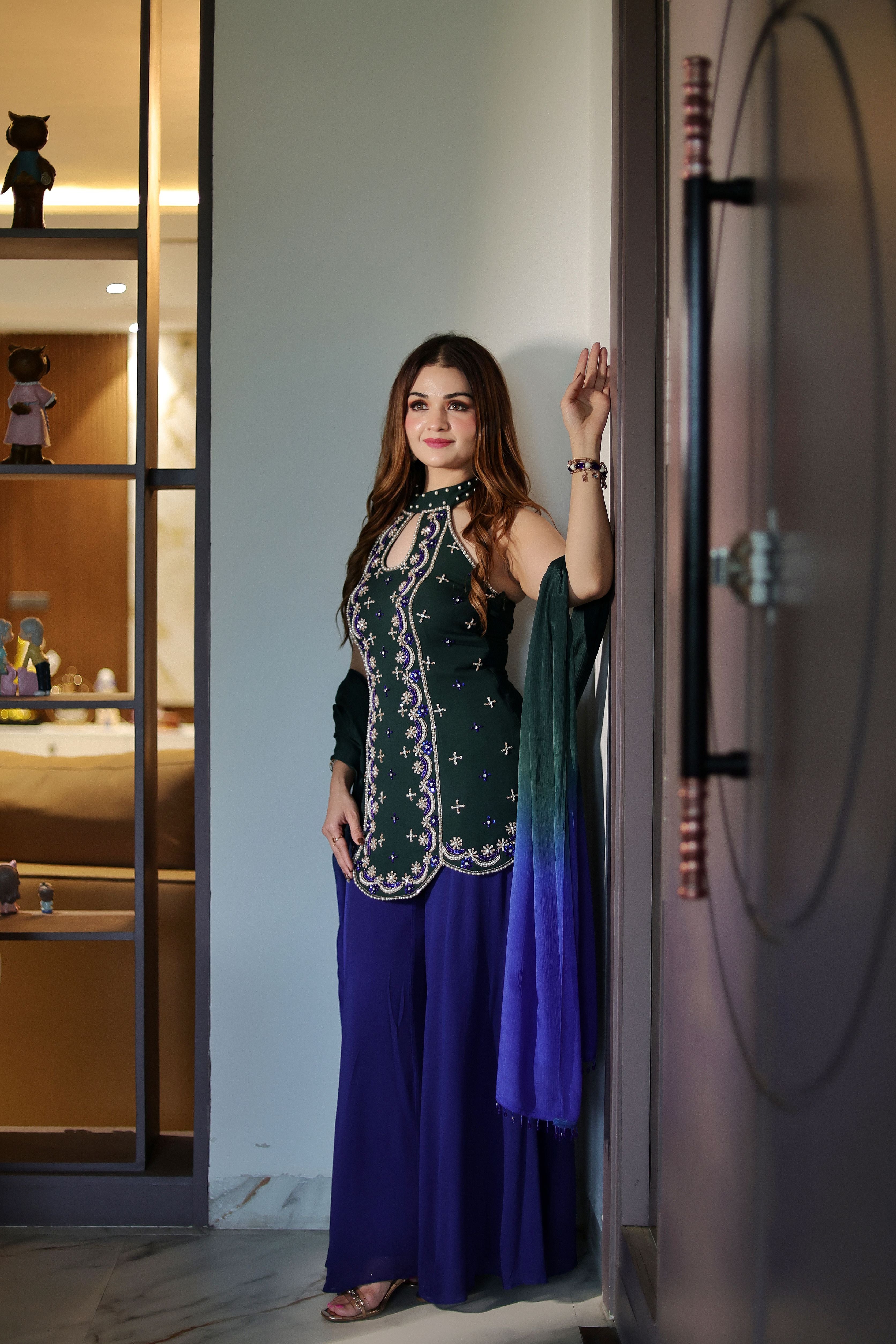 Blue and green moon embroidered georgette sharara suit