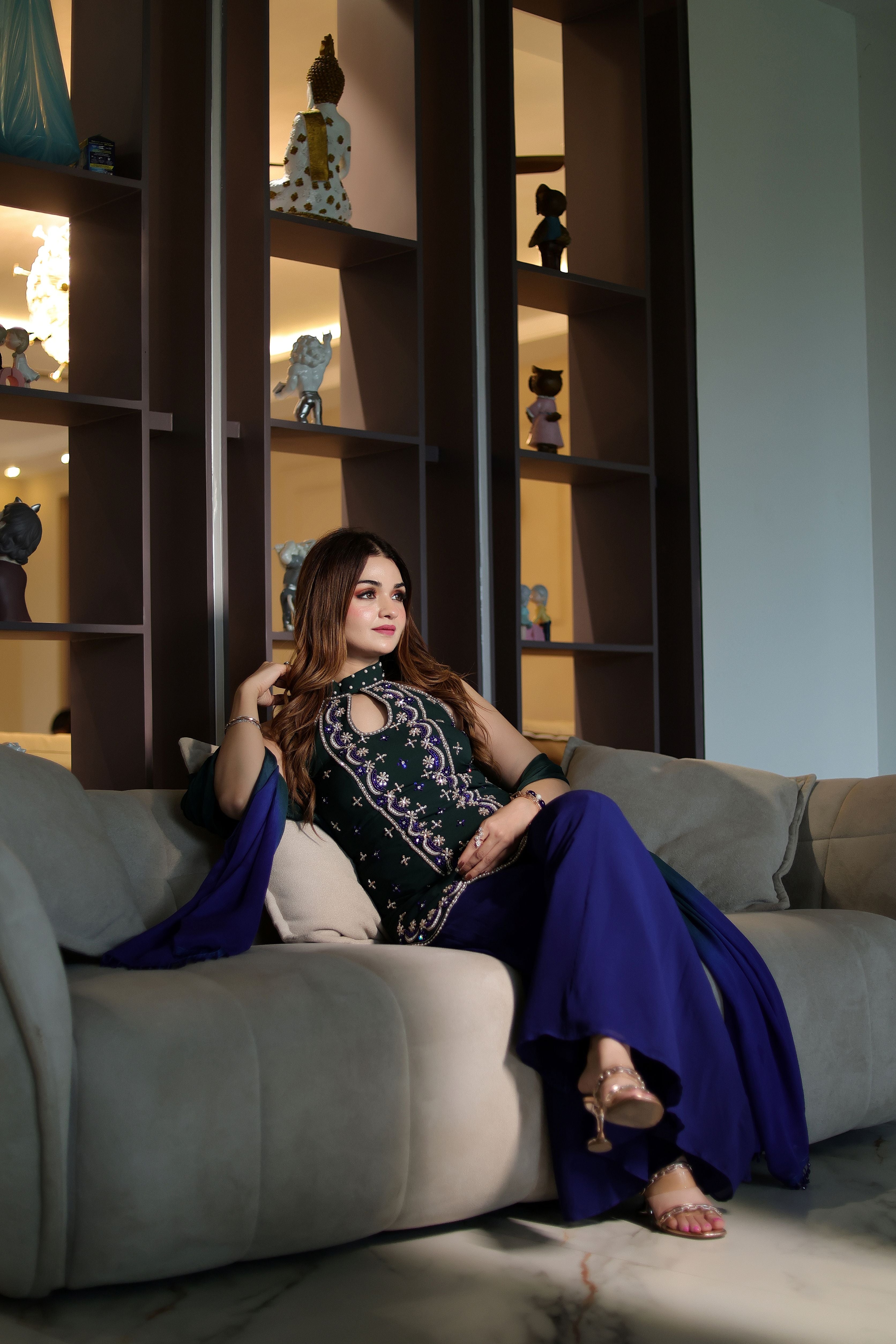 Blue and green moon embroidered georgette sharara suit