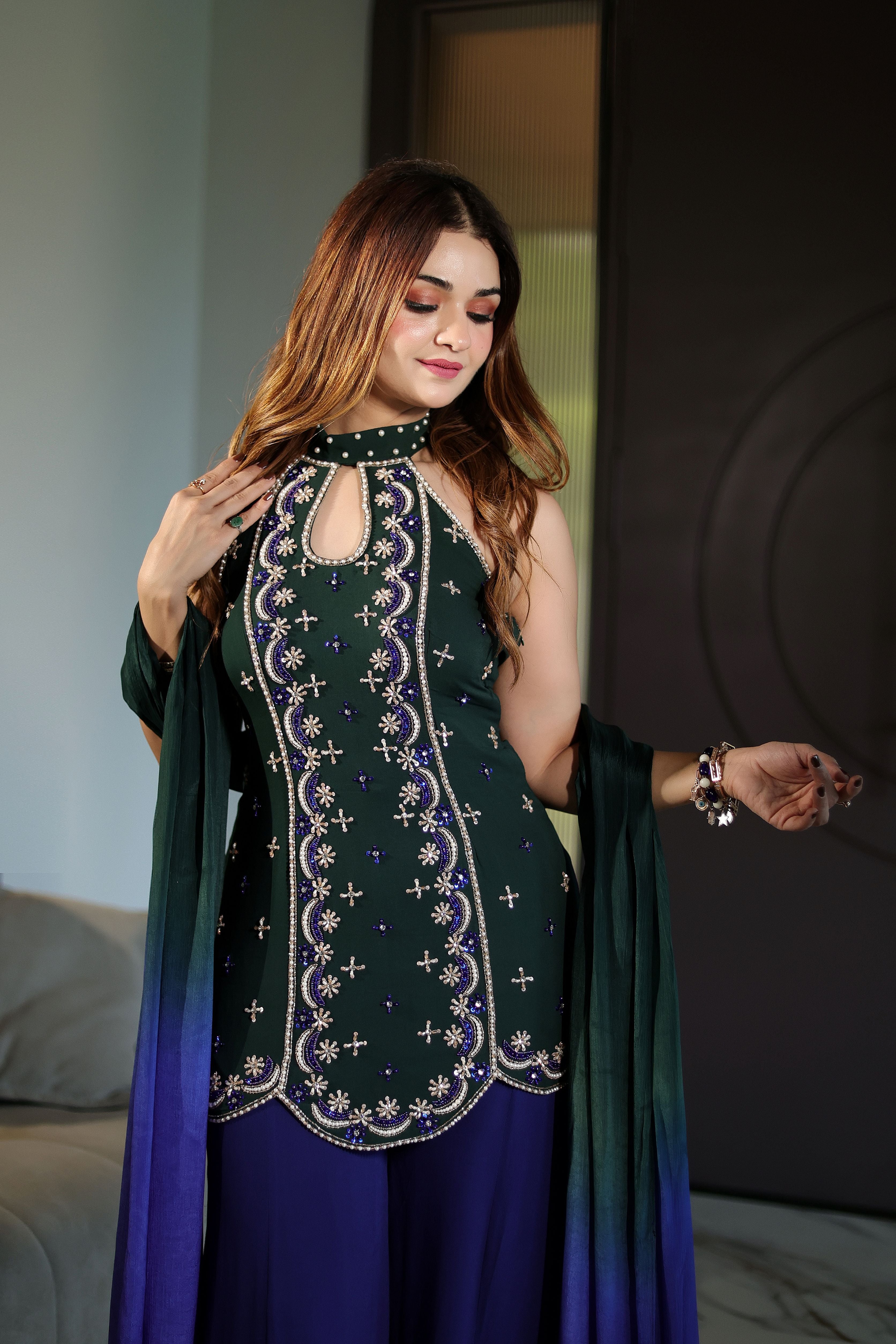 Blue and green moon embroidered georgette sharara suit
