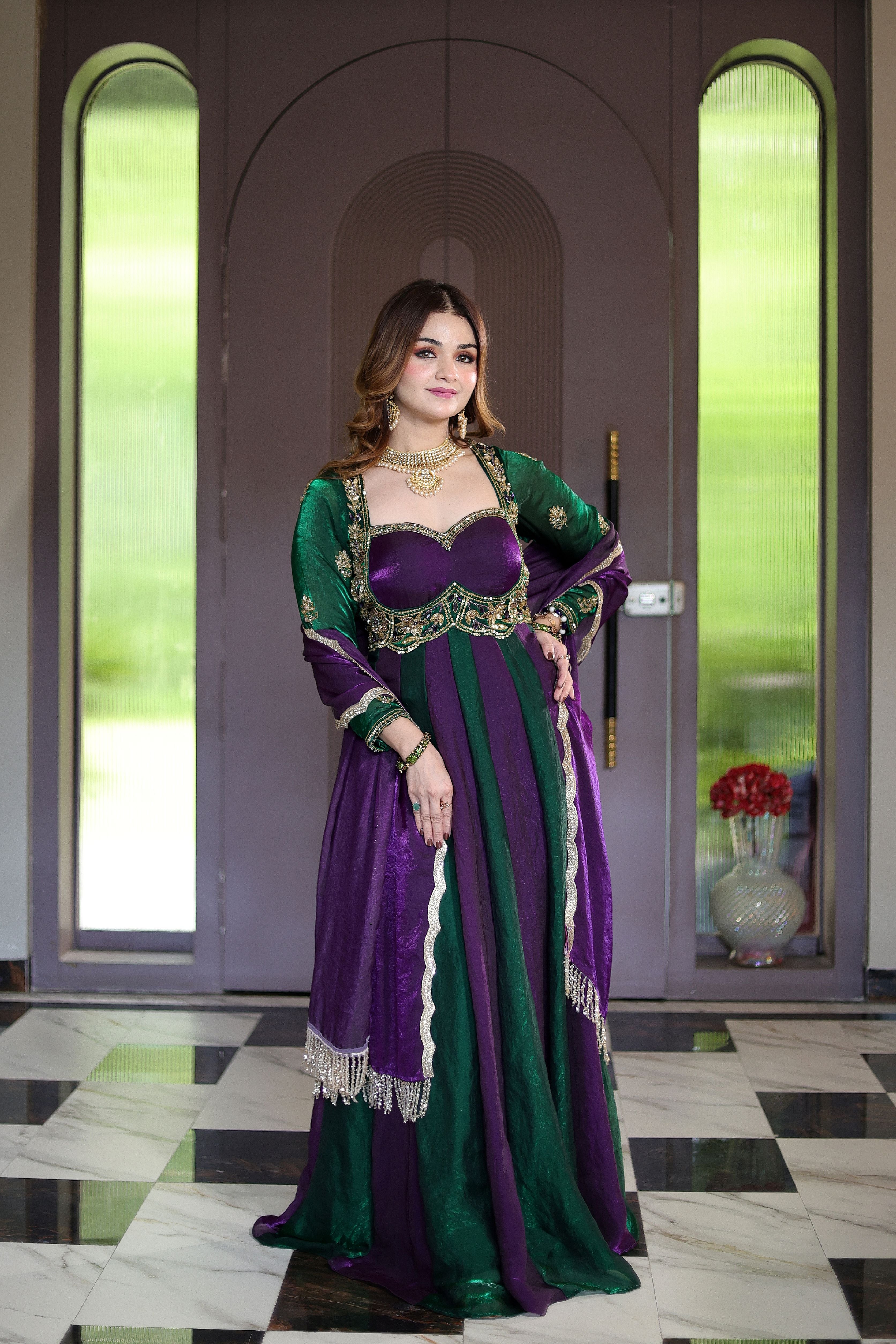 Regal Emerald green and Plum hand embroidered Anarkali
