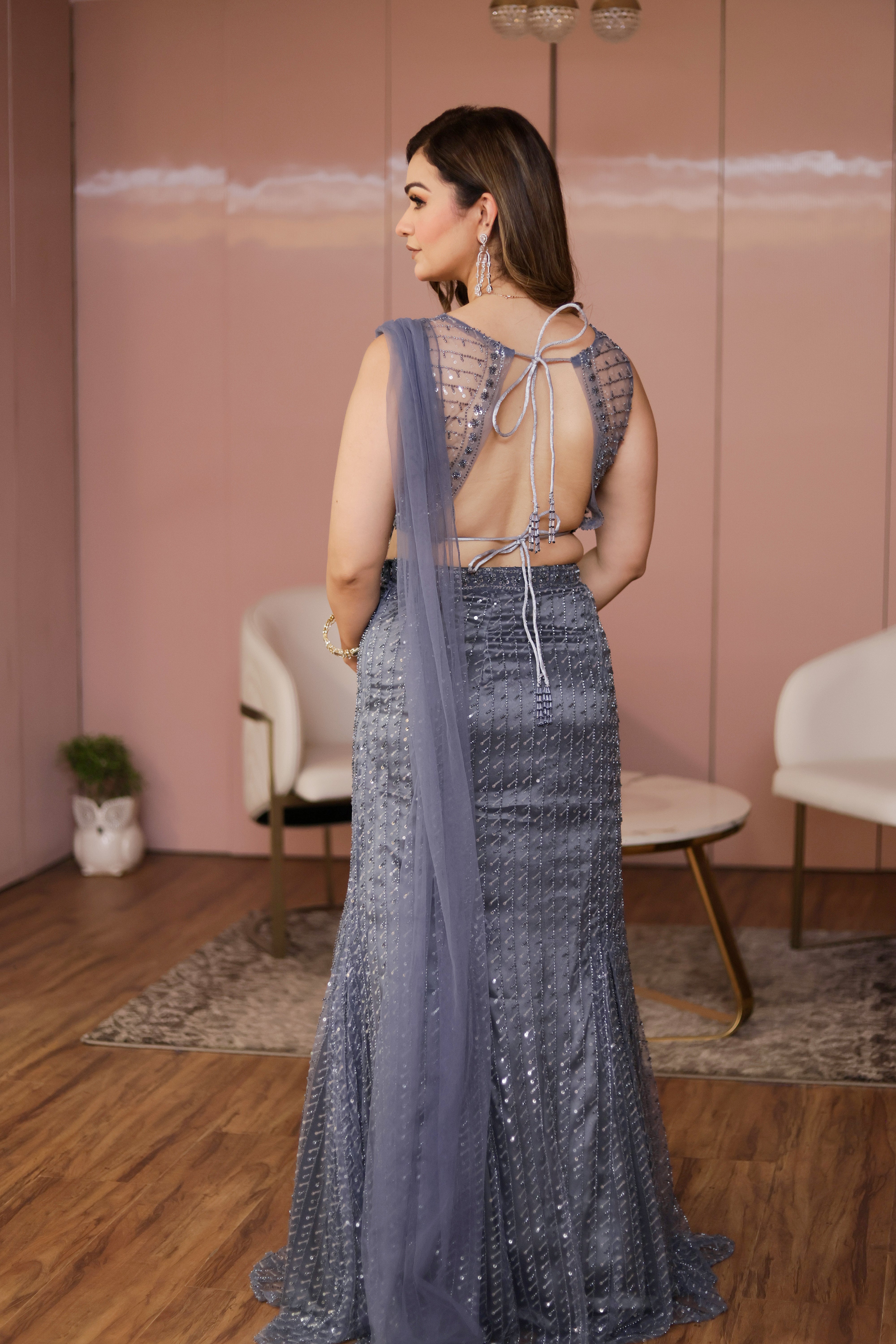 Grey crystal blouse with Fishcut skirt and crystal Palla