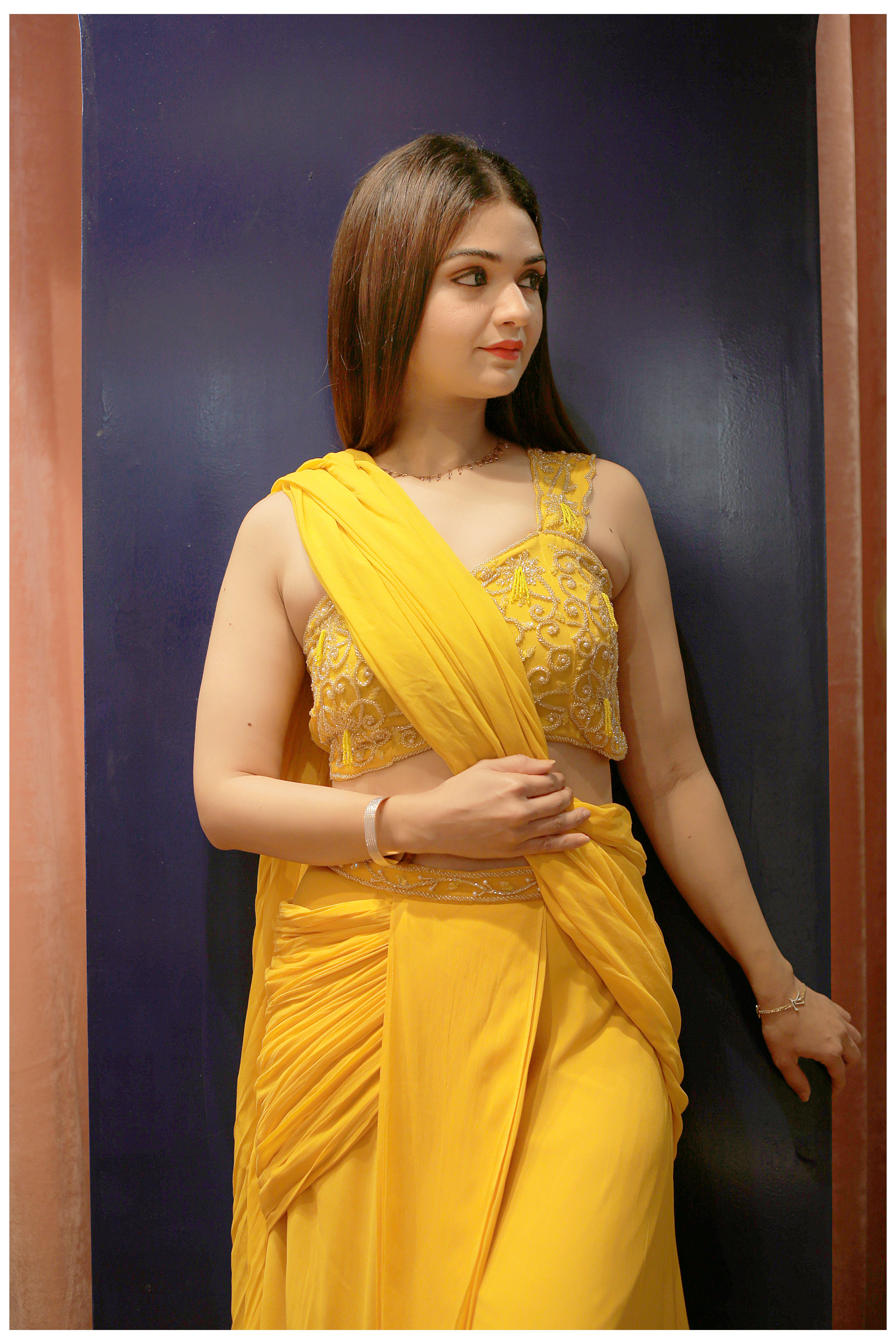 Yellow drape georgette saree