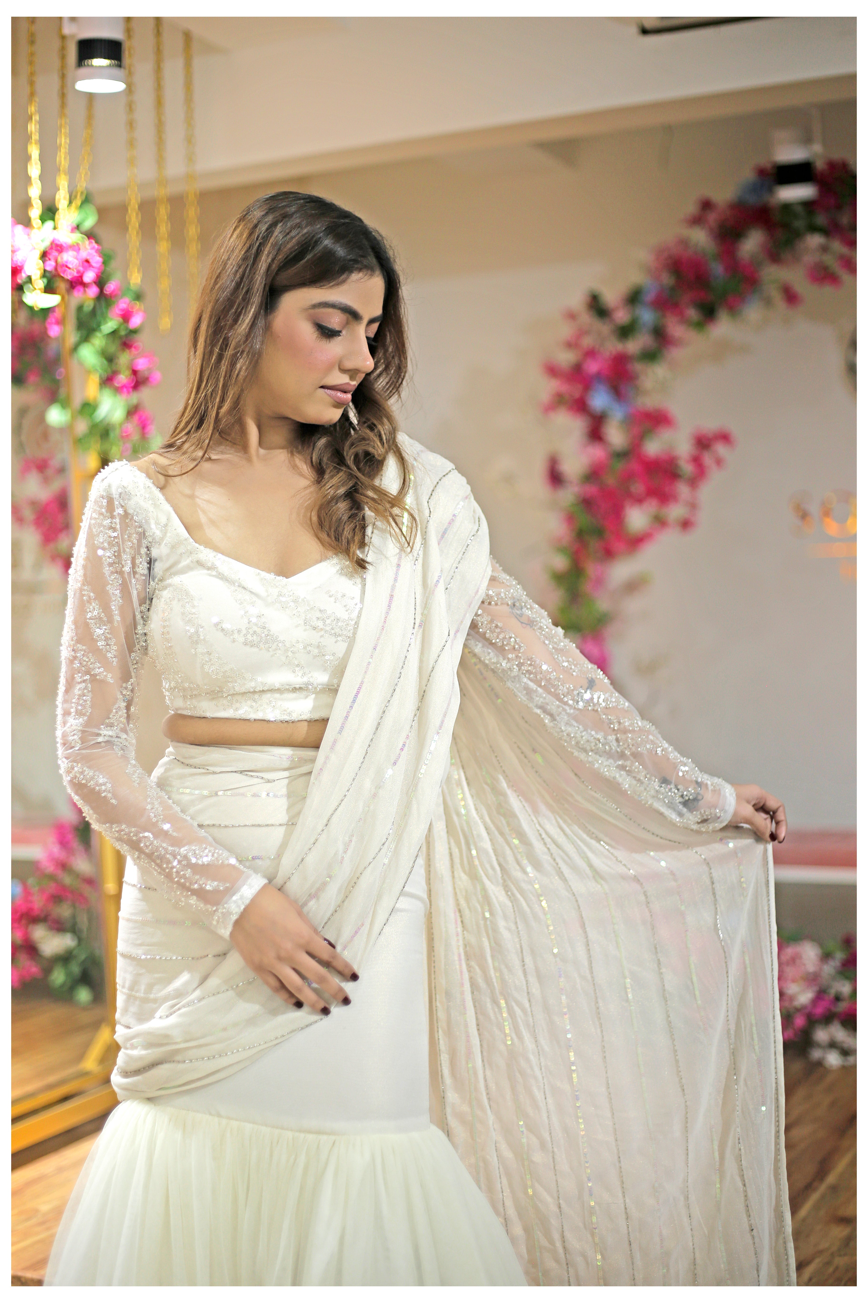 Fairy White Fabric Based Drape Ruffle saree