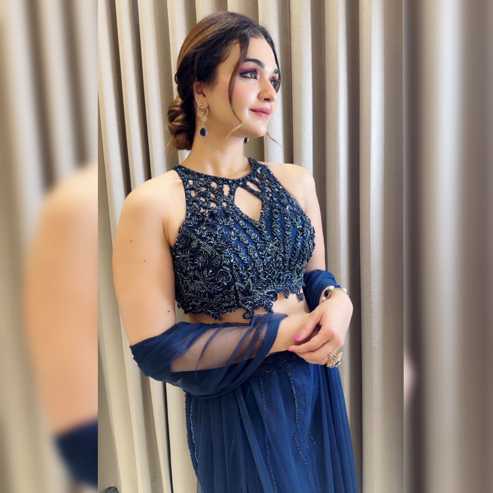 Navy Blue Fishcut Lehanga set with hand embroidered cutwork blouse