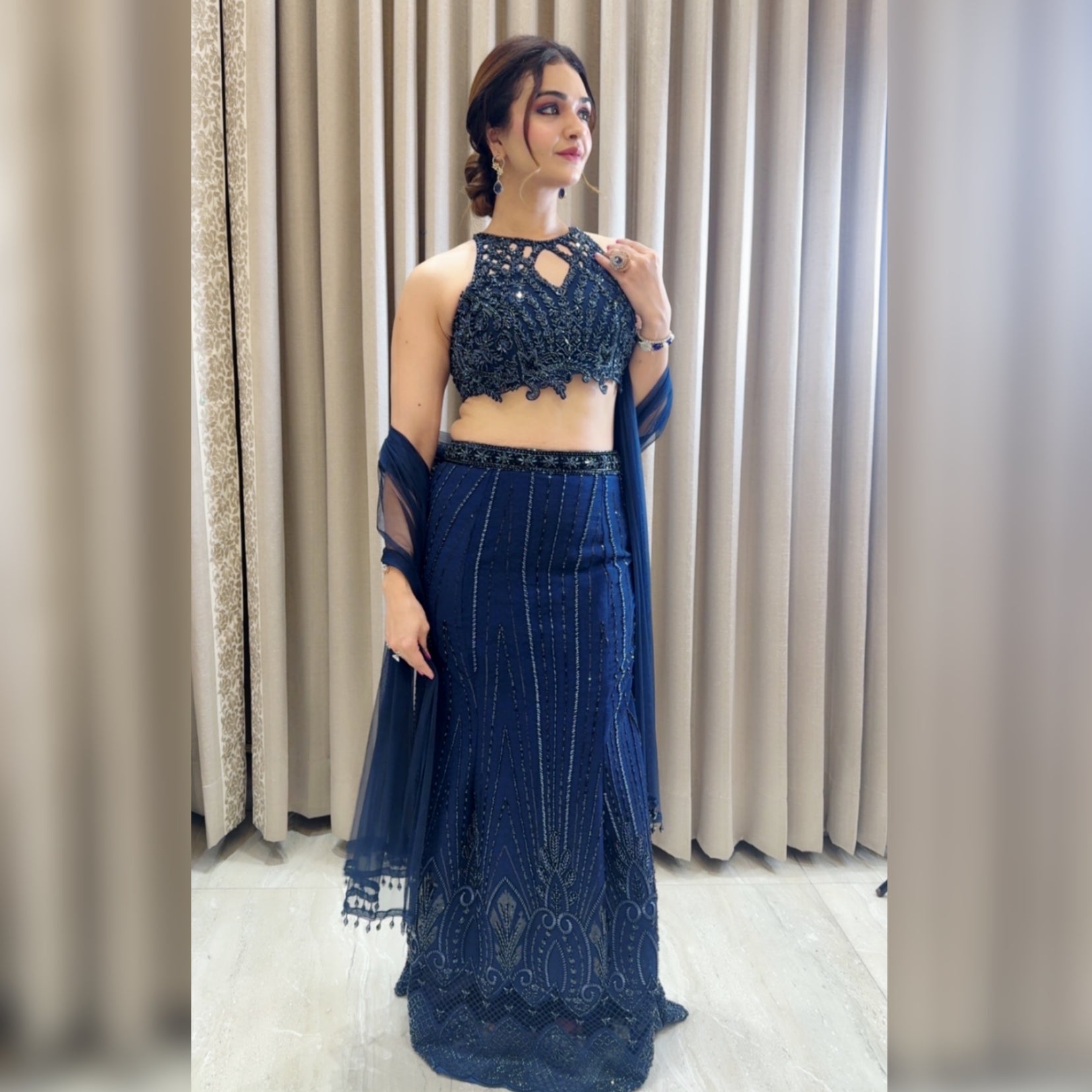 Navy Blue Fishcut Lehanga set with hand embroidered cutwork blouse