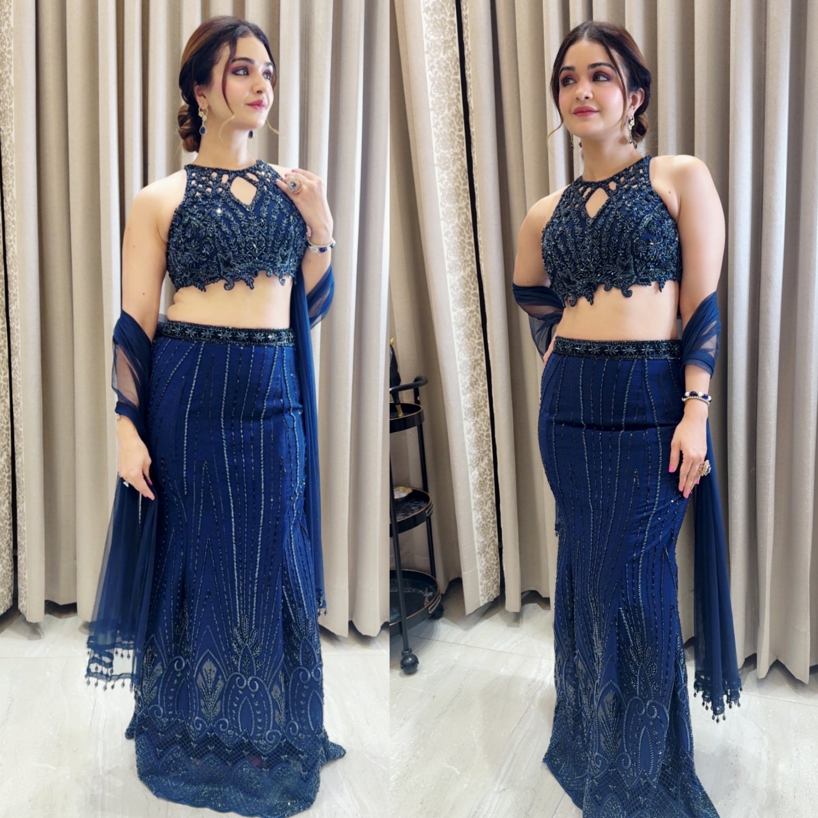Navy Blue Fishcut Lehanga set with hand embroidered cutwork blouse