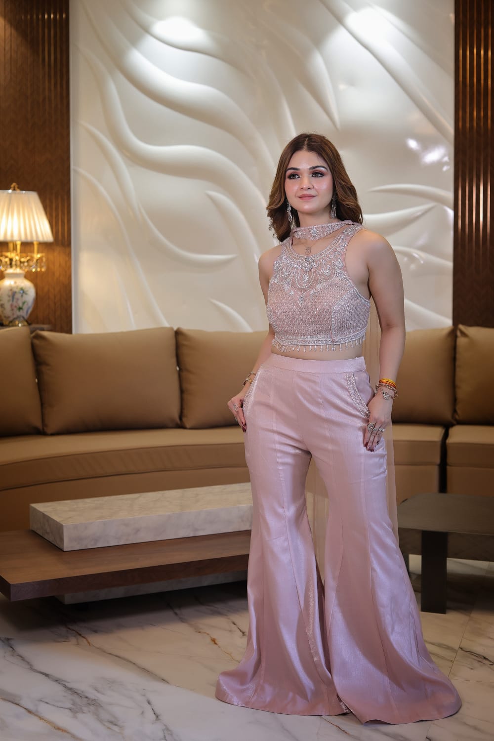 Pink Pearl embellished blouse with flared plazo and a chocker net dupatta