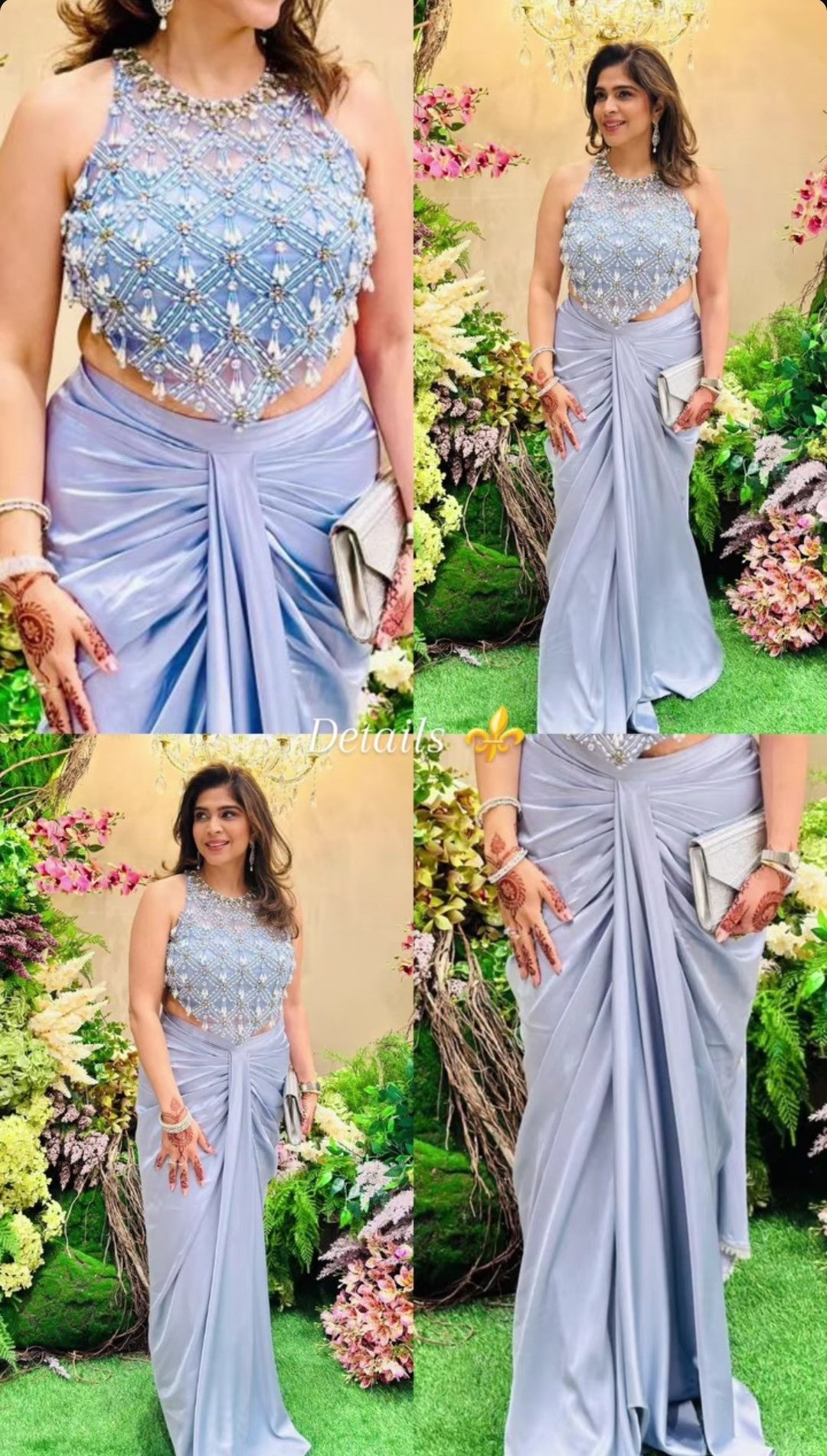 Grey Bead Embroidered Pearl blouse with  Draped Satin Skirt