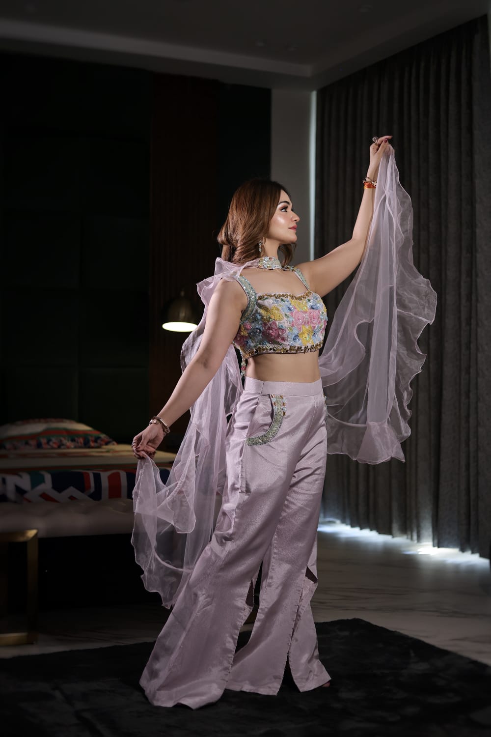 Levender multi colour blouse with Centre slit Flared plazo set