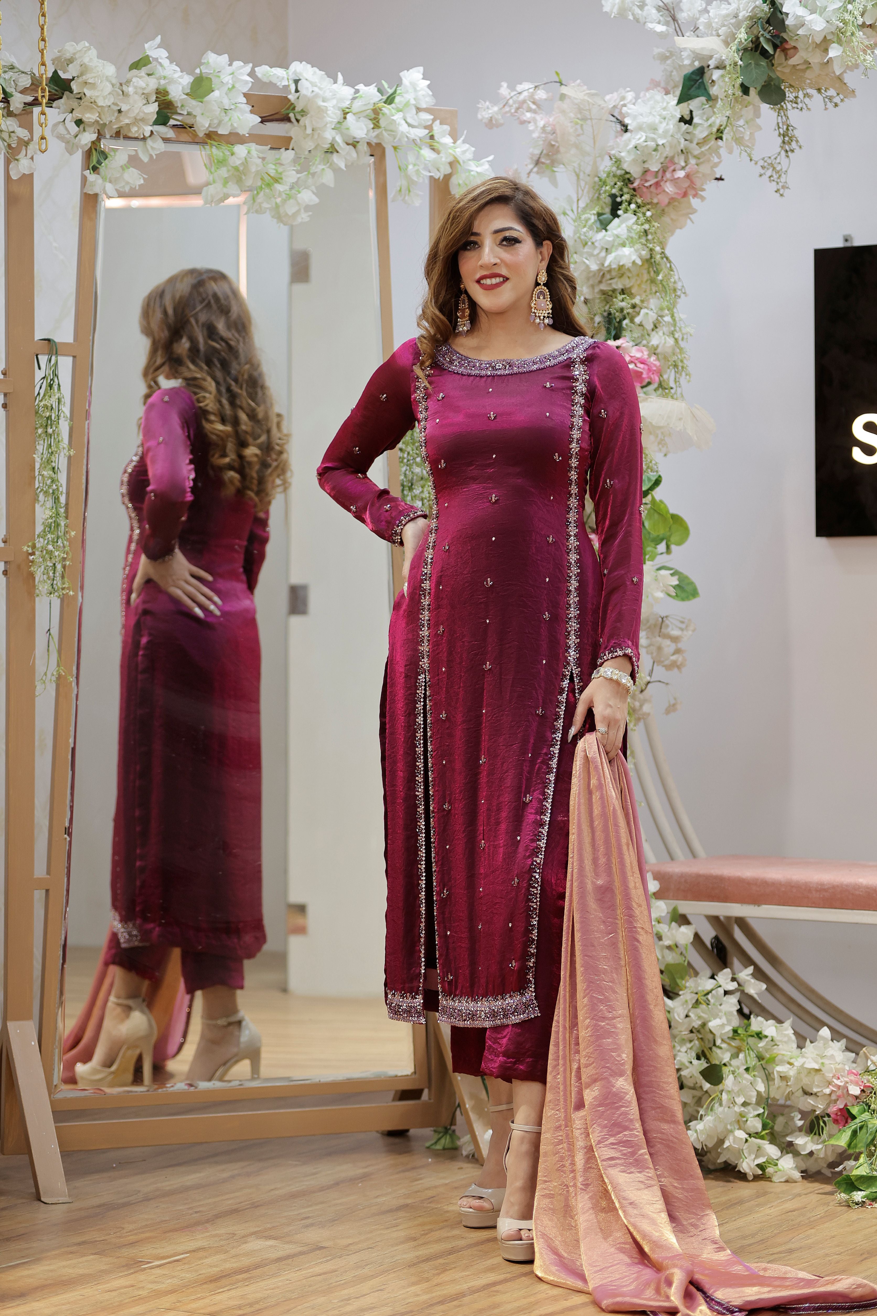 Pink shimmer organza centre slit straight suit with pants