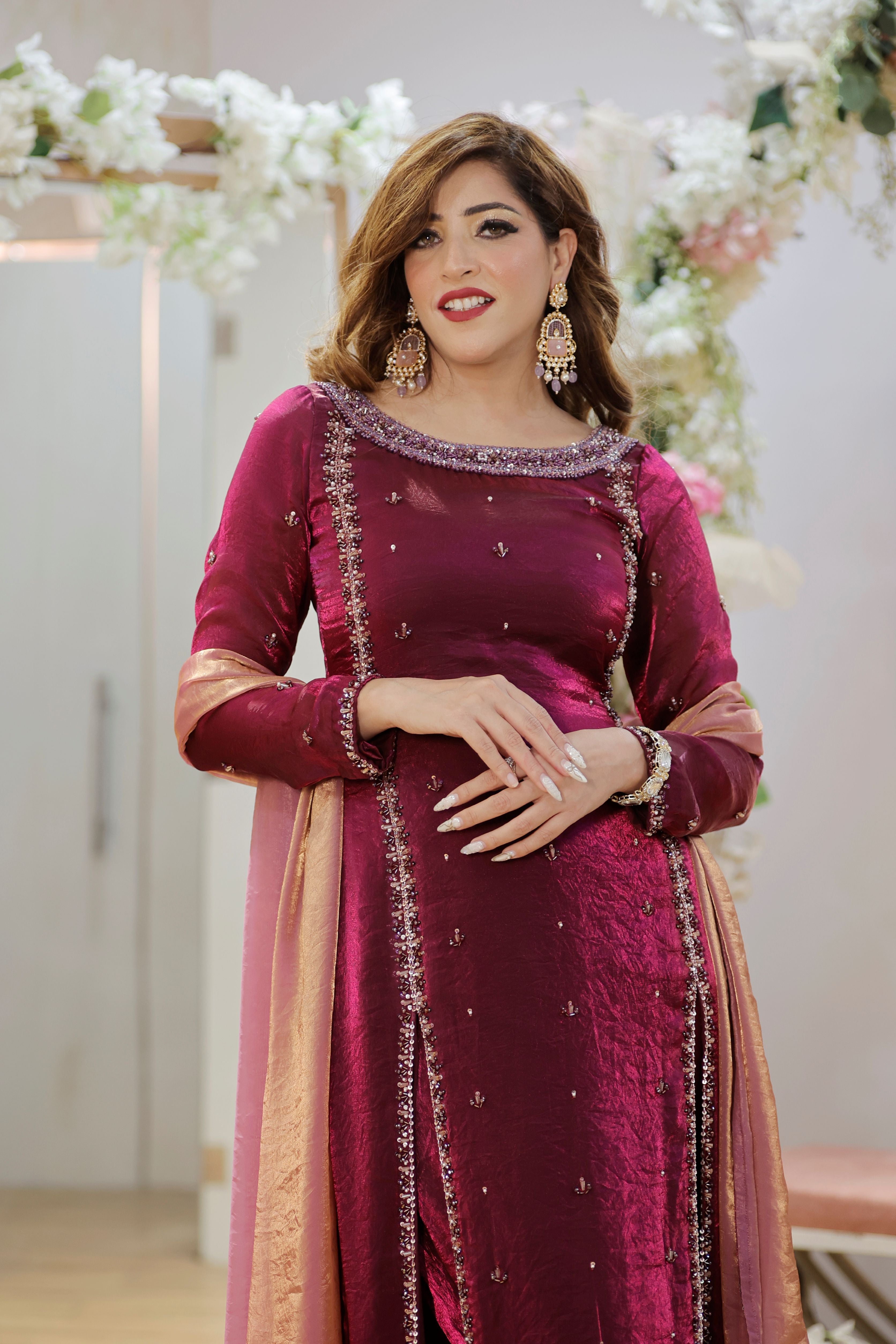 Pink shimmer organza centre slit straight suit with pants