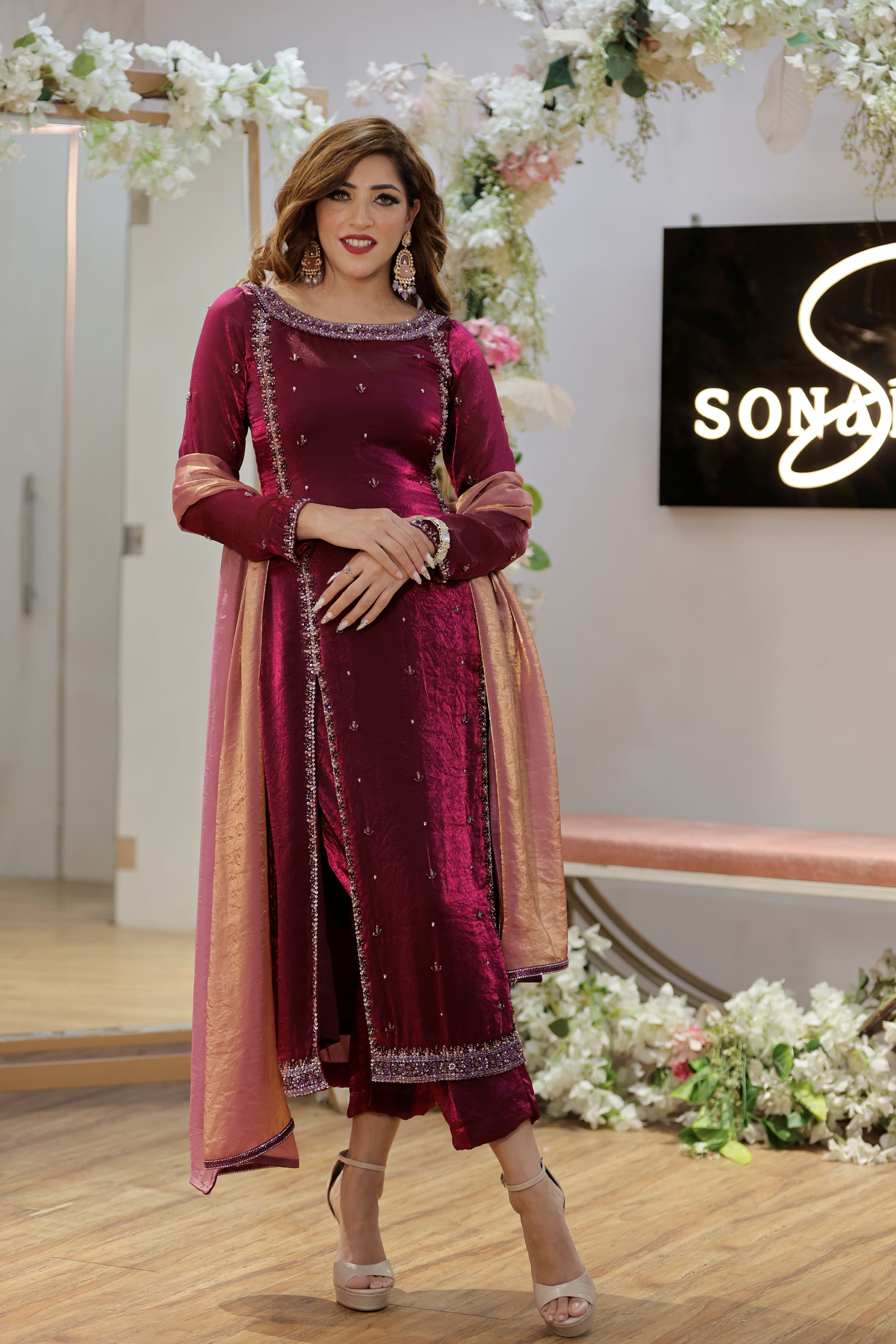 Pink shimmer organza centre slit straight suit with pants