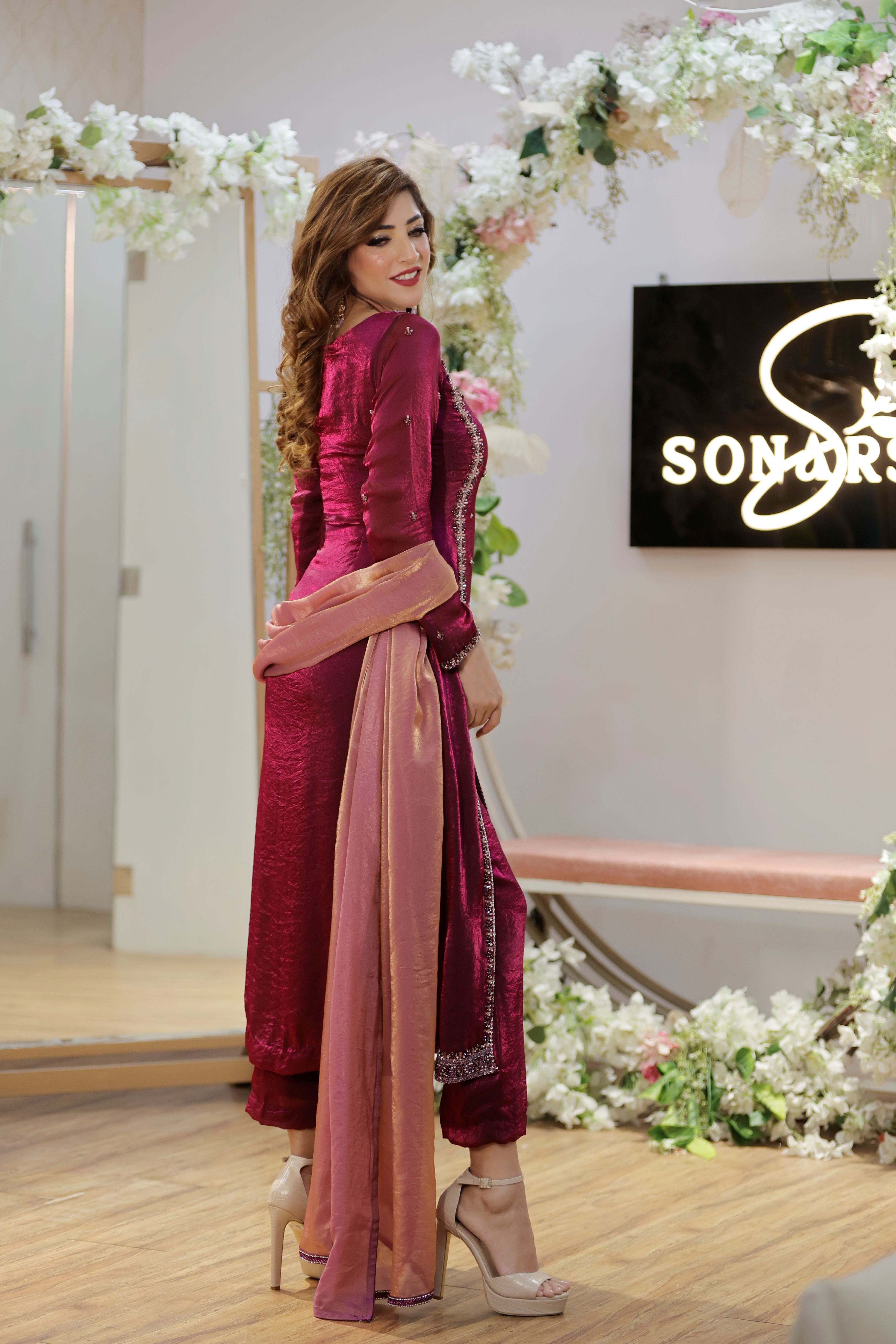 Pink shimmer organza centre slit straight suit with pants