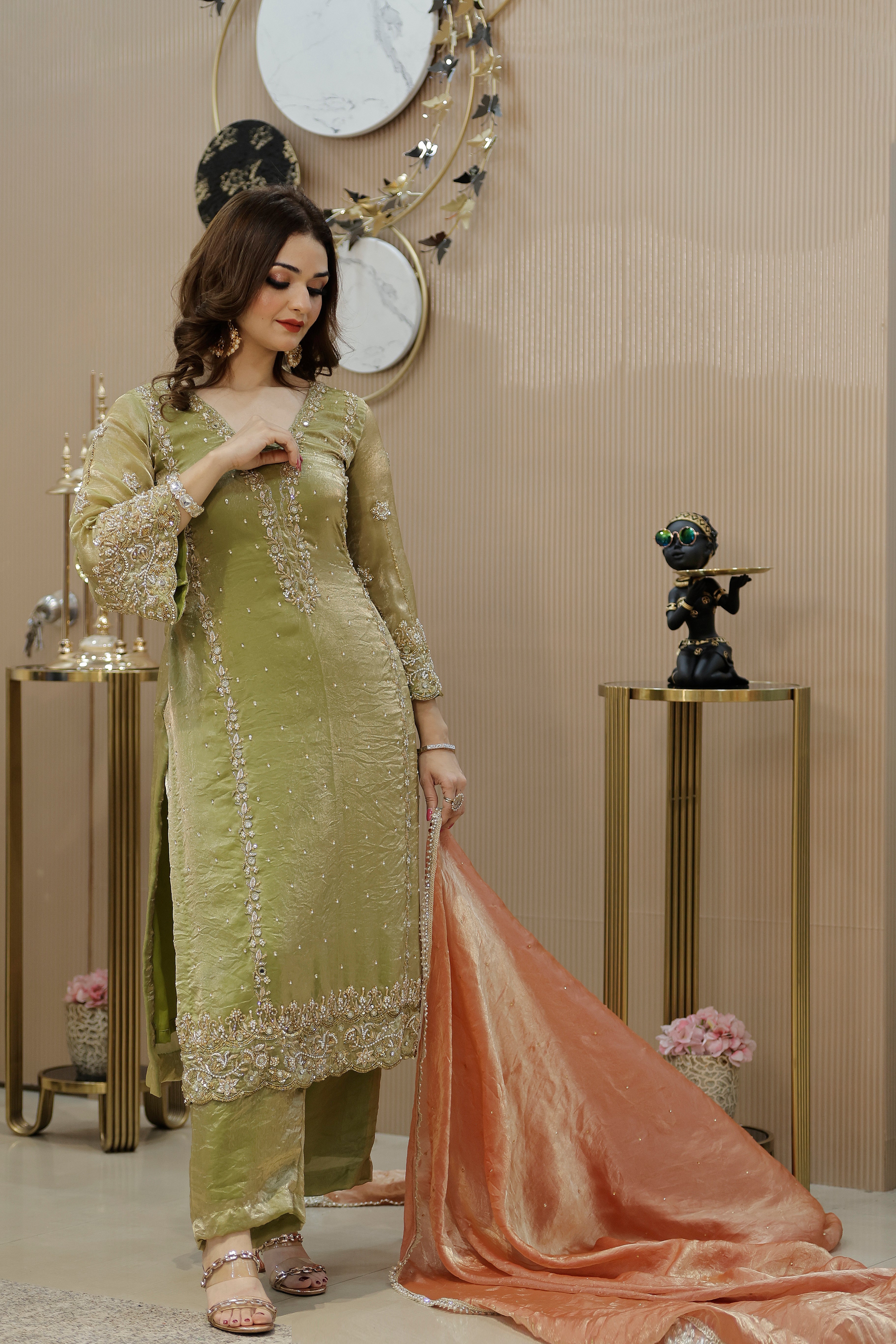 Green shimmer organza straight suit with pants