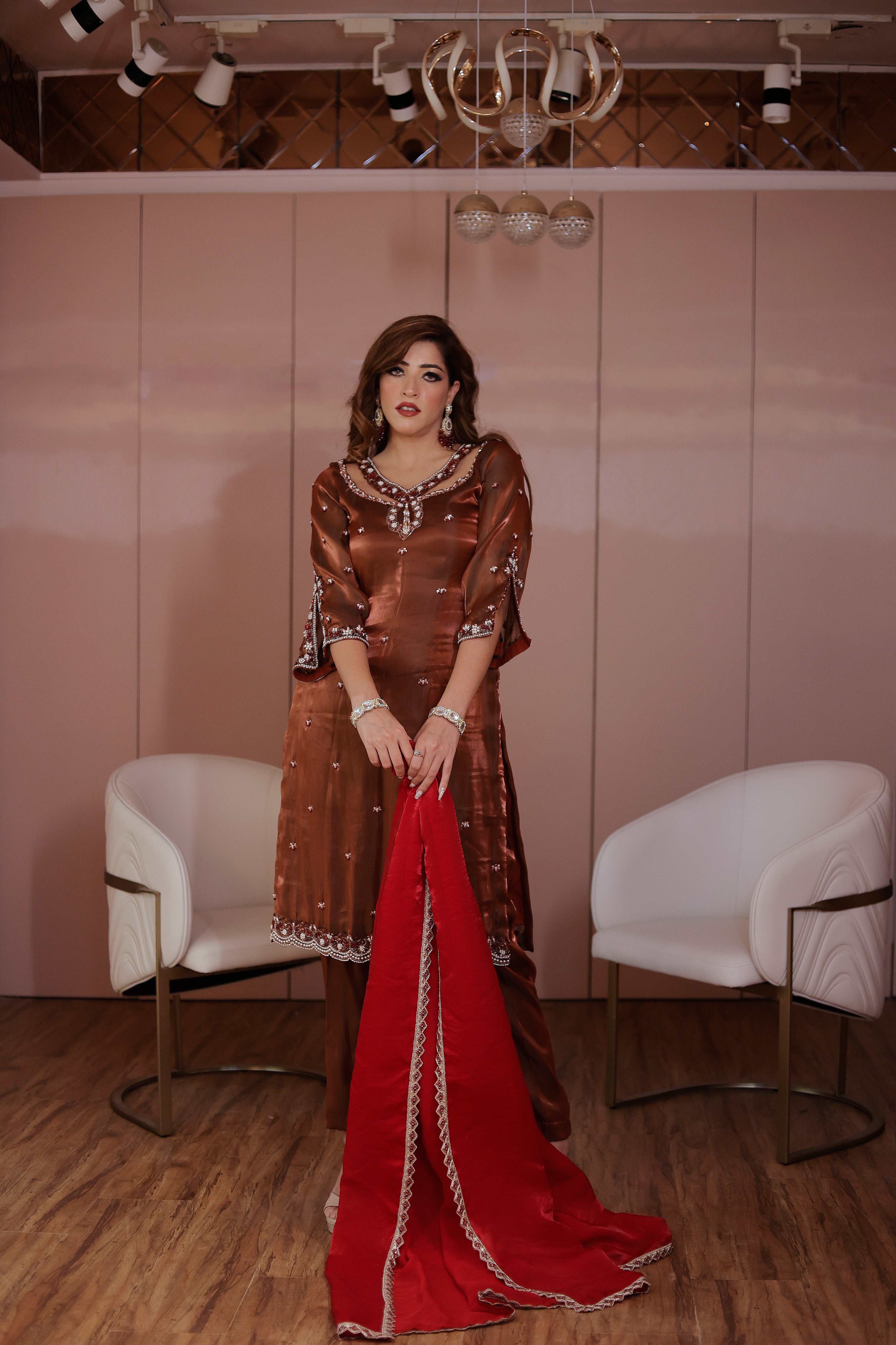 Brown pearl work straight suit with pants