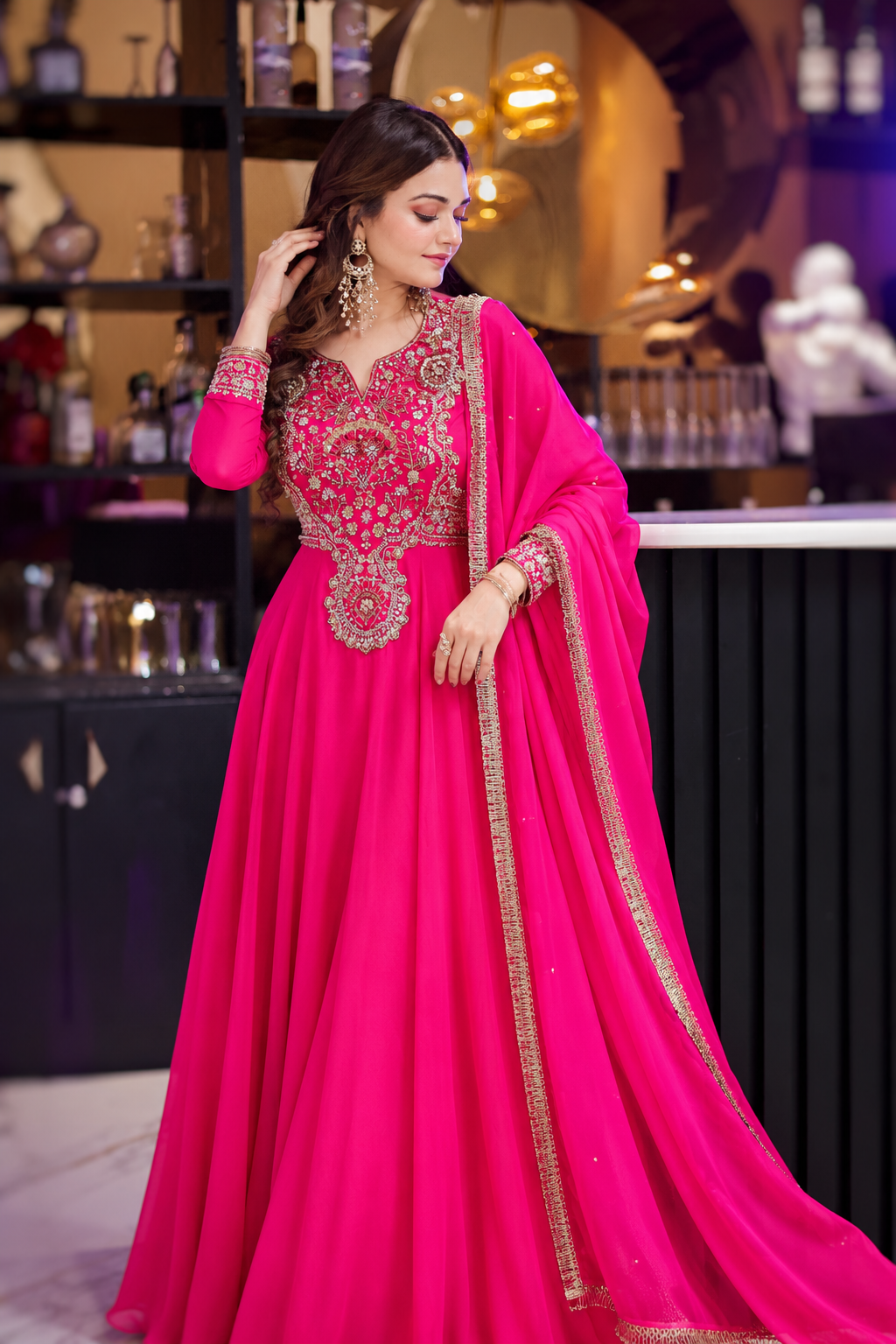 Wine hand embroidery Anarkali