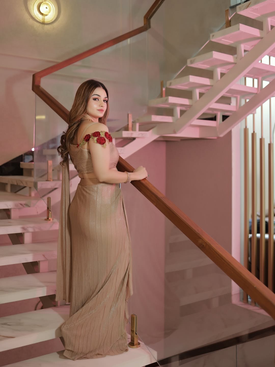 Golden Rose Pleated Pre Draped Saree